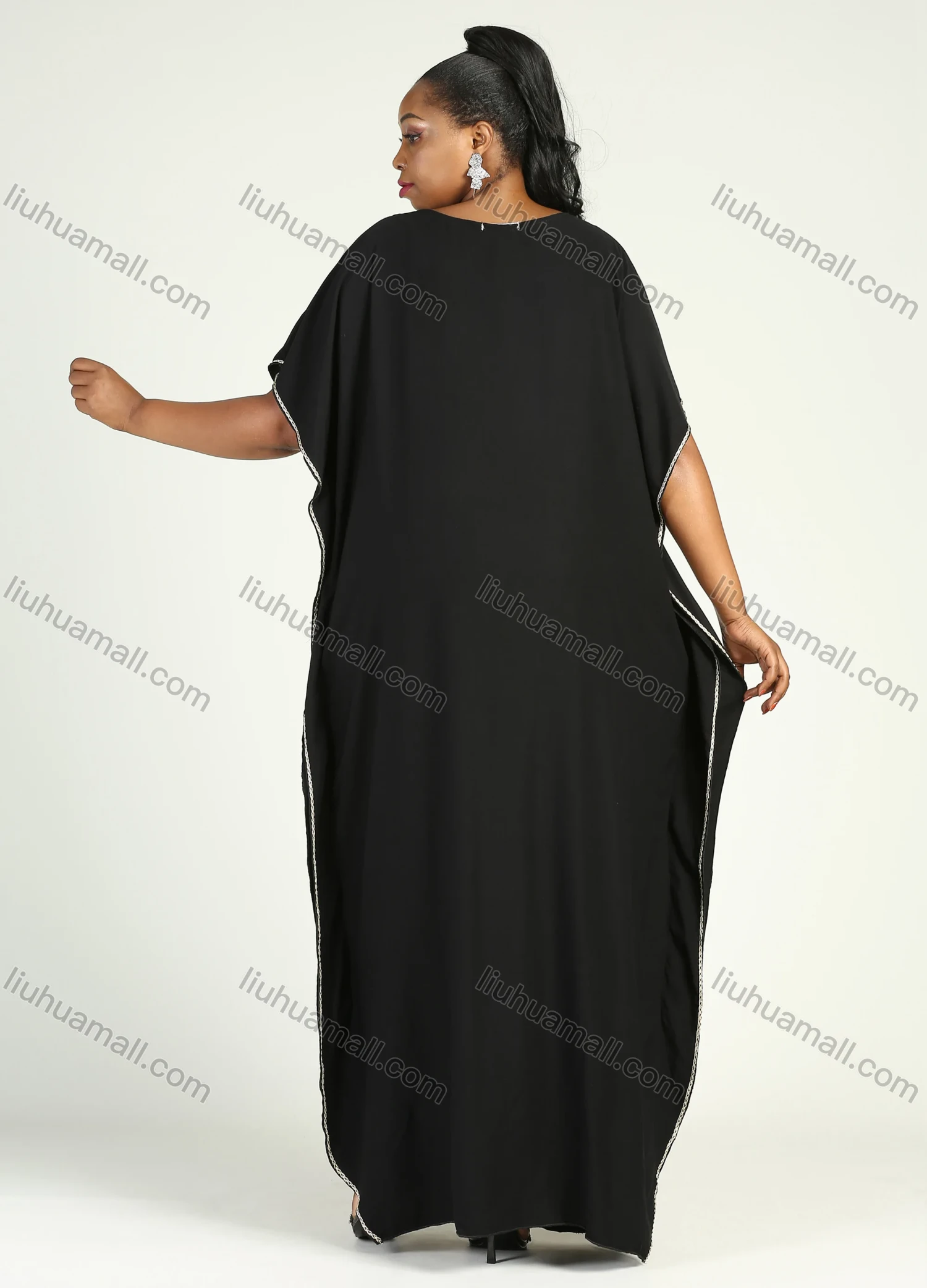 Wholesale Women's African Plus Size Vintage Round Neck Robe Batwing Sleeve Floral Embroidery Plain Kaftan Dress - Liuhuamall