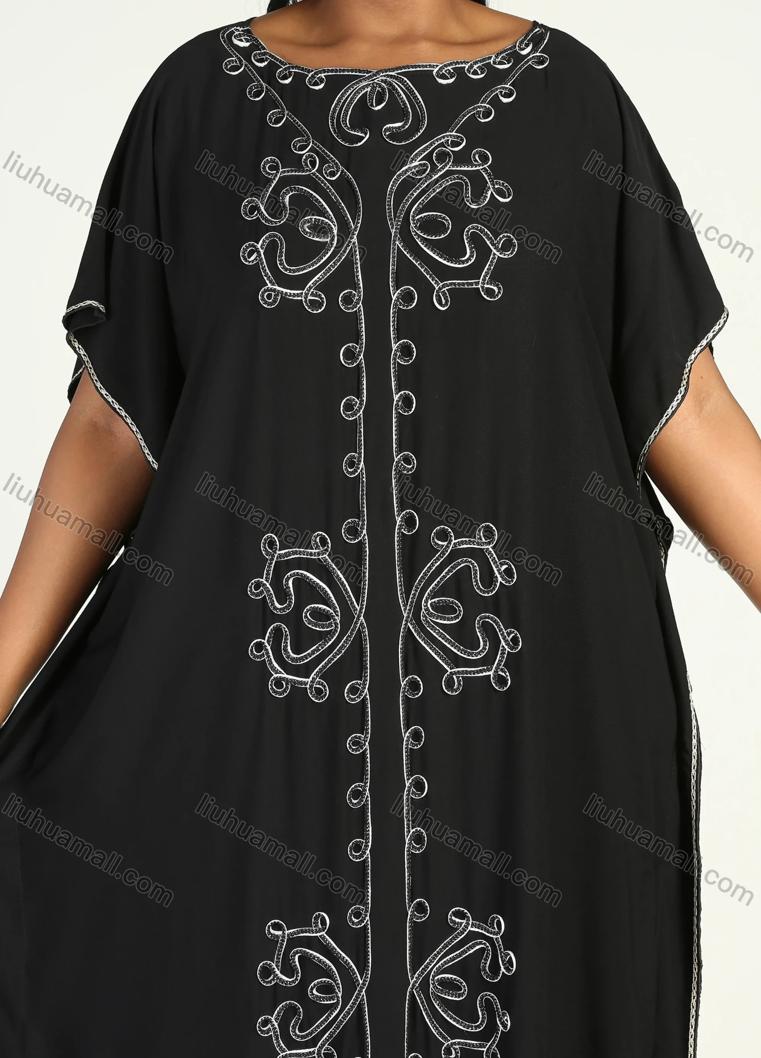 Wholesale Women's African Plus Size Vintage Round Neck Robe Batwing Sleeve Floral Embroidery Plain Kaftan Dress - Liuhuamall