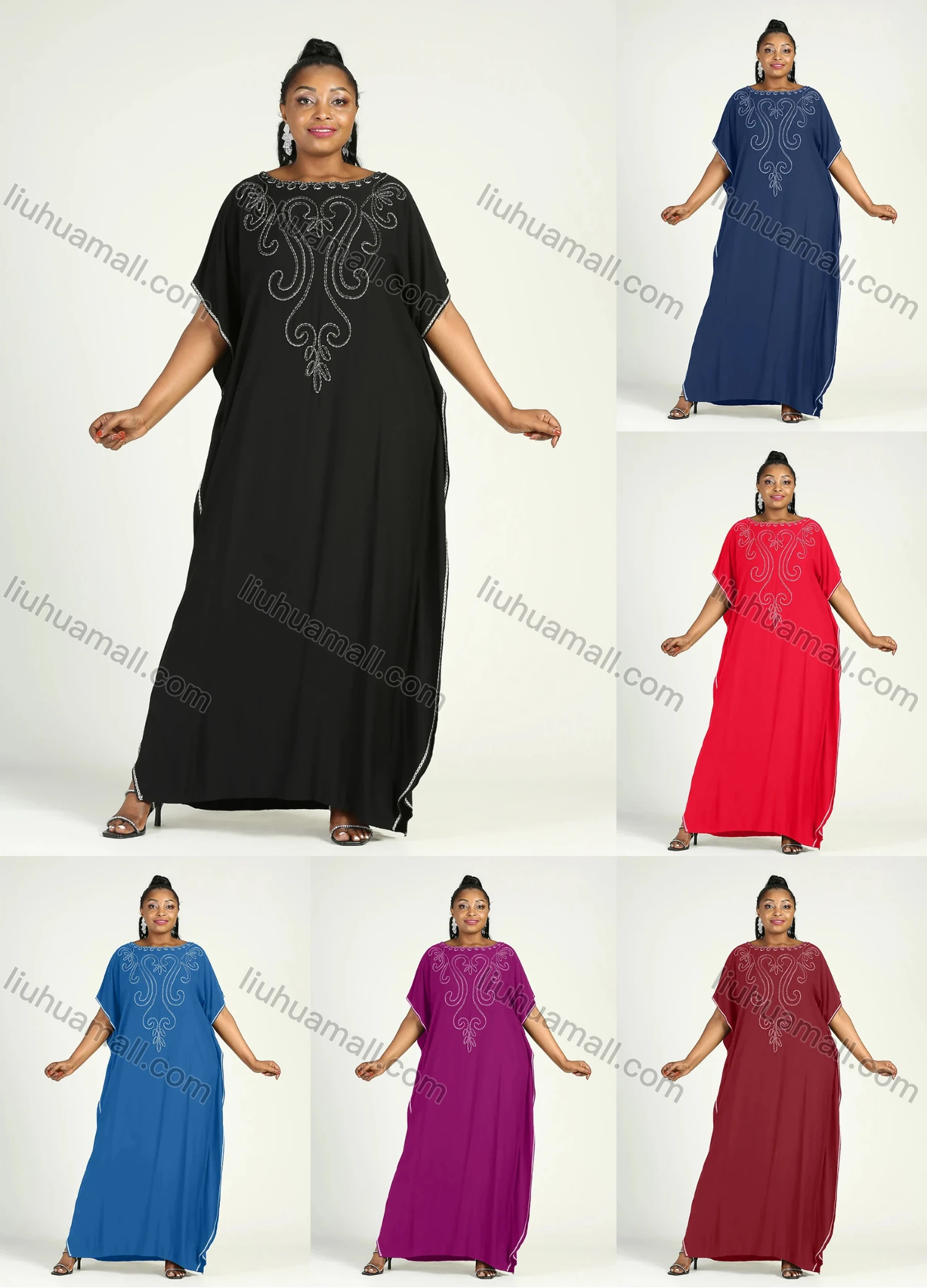 Wholesale Women's African Plus Size Vintage Round Neck Robe Batwing Sleeve Floral Embroidery Plain Kaftan Dress - Liuhuamall