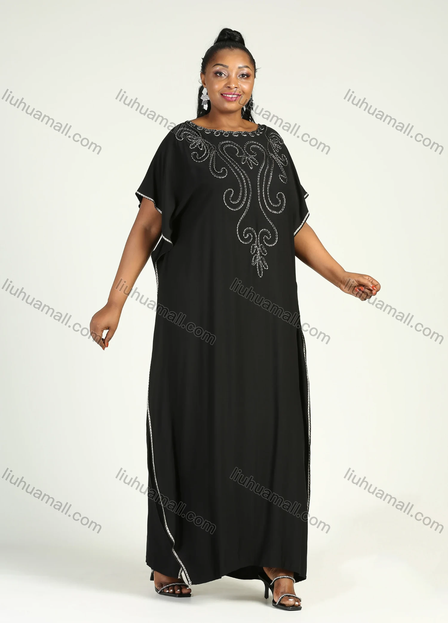 Wholesale Women's African Plus Size Vintage Round Neck Robe Batwing Sleeve Floral Embroidery Plain Kaftan Dress - Liuhuamall