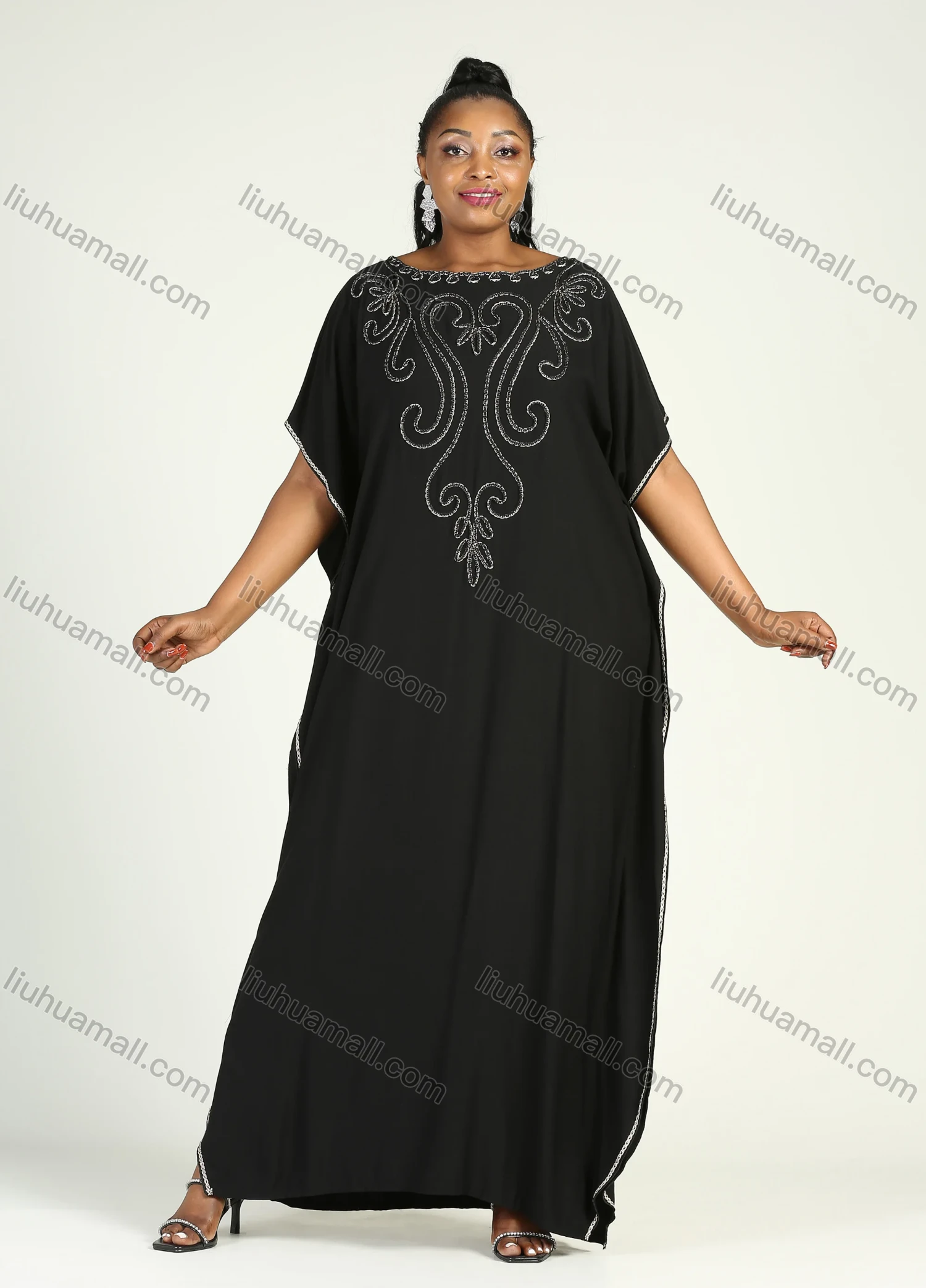 Wholesale Women's African Plus Size Vintage Round Neck Robe Batwing Sleeve Floral Embroidery Plain Kaftan Dress - Liuhuamall