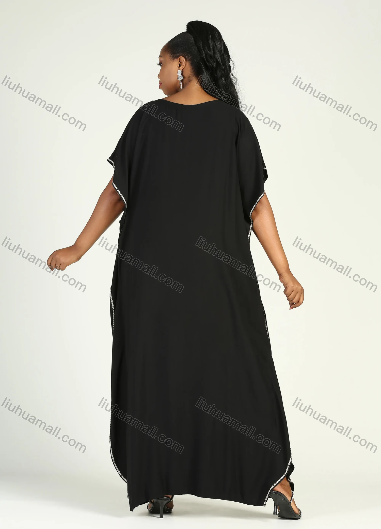 Wholesale Women's African Plus Size Vintage Round Neck Robe Batwing Sleeve Floral Embroidery Plain Kaftan Dress - Liuhuamall