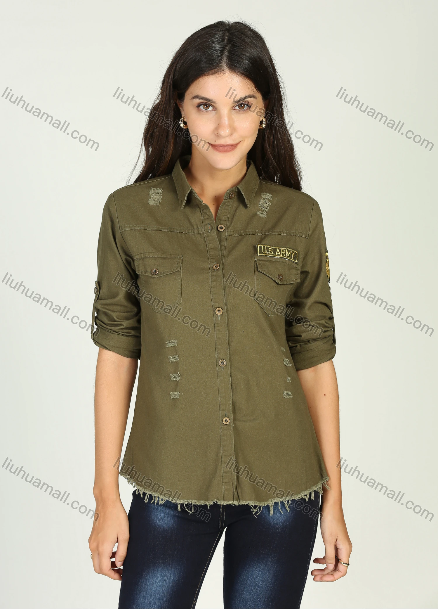 Wholesale Women's Casual Military Style Collared Distressed Long Sleeve Top Button Down Ripped Raw Hem Shirt - Liuhuamall
