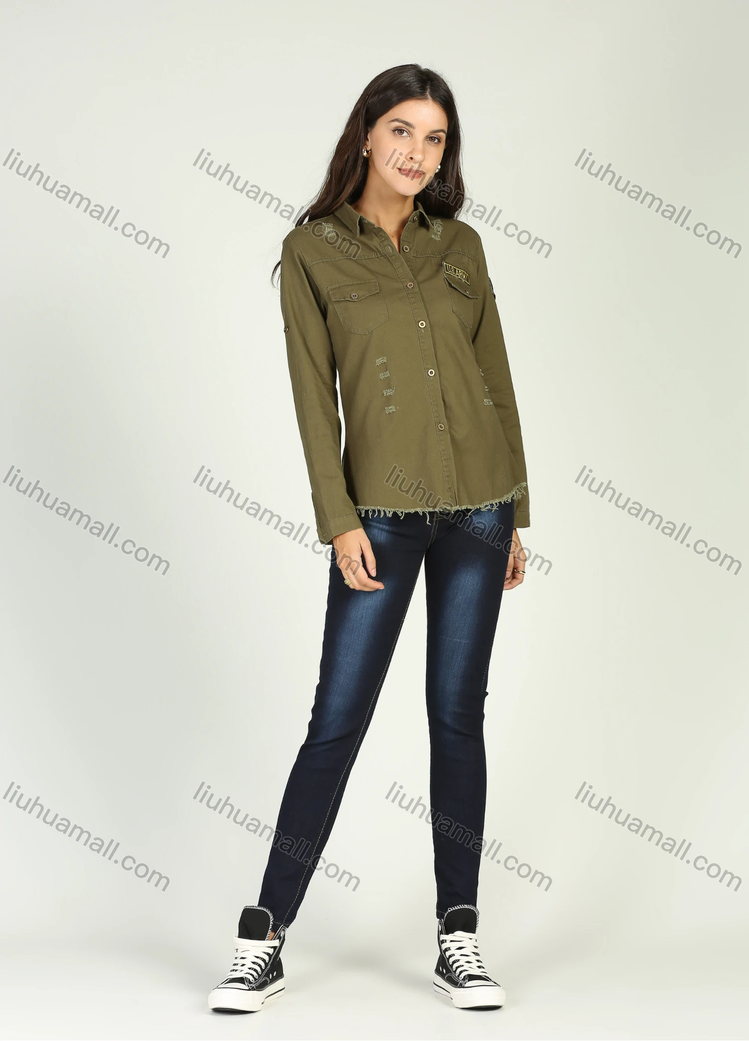 Wholesale Women's Casual Military Style Collared Distressed Long Sleeve Top Button Down Ripped Raw Hem Shirt - Liuhuamall
