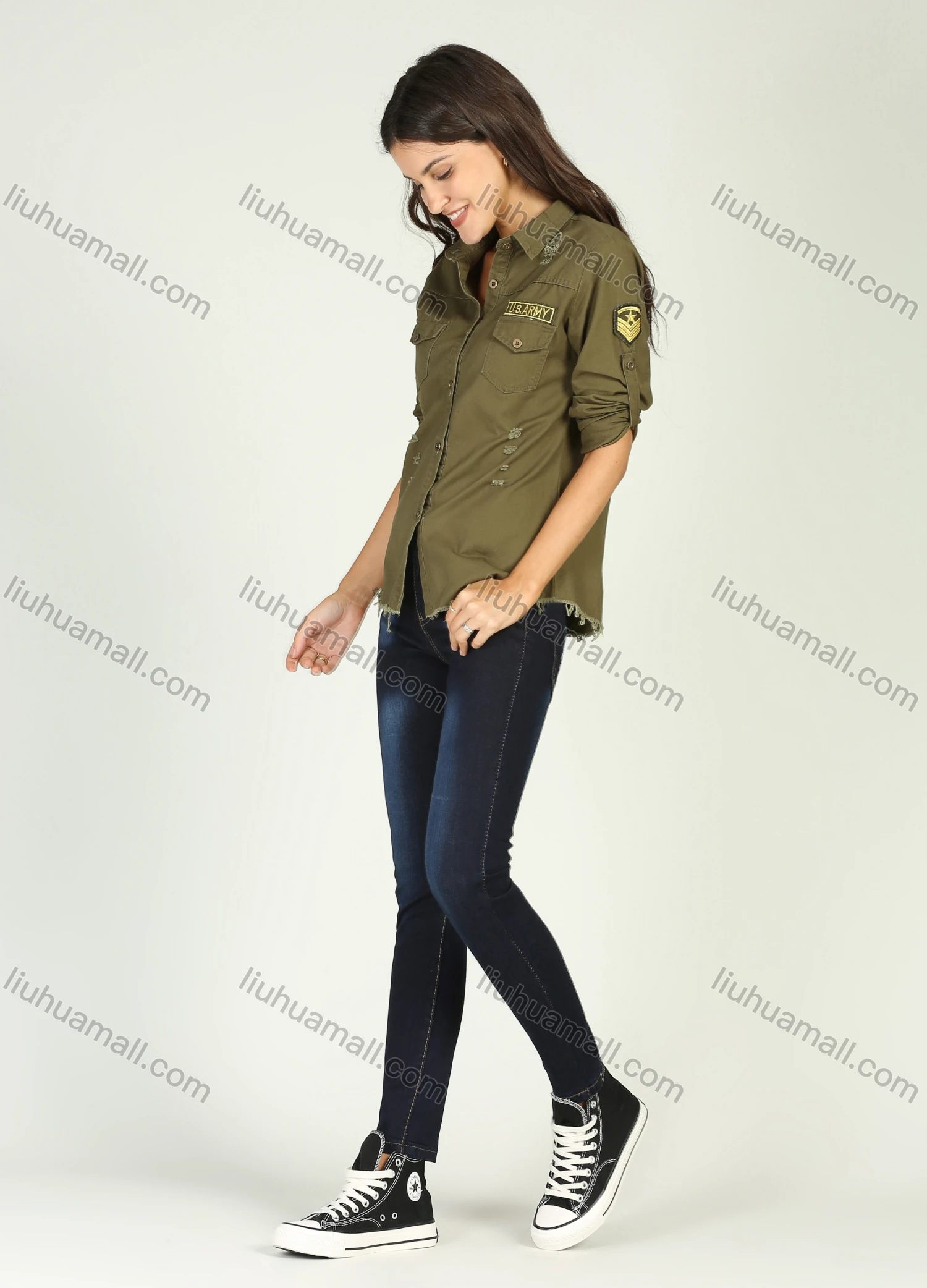 Wholesale Women's Casual Military Style Collared Distressed Long Sleeve Top Button Down Ripped Raw Hem Shirt - Liuhuamall