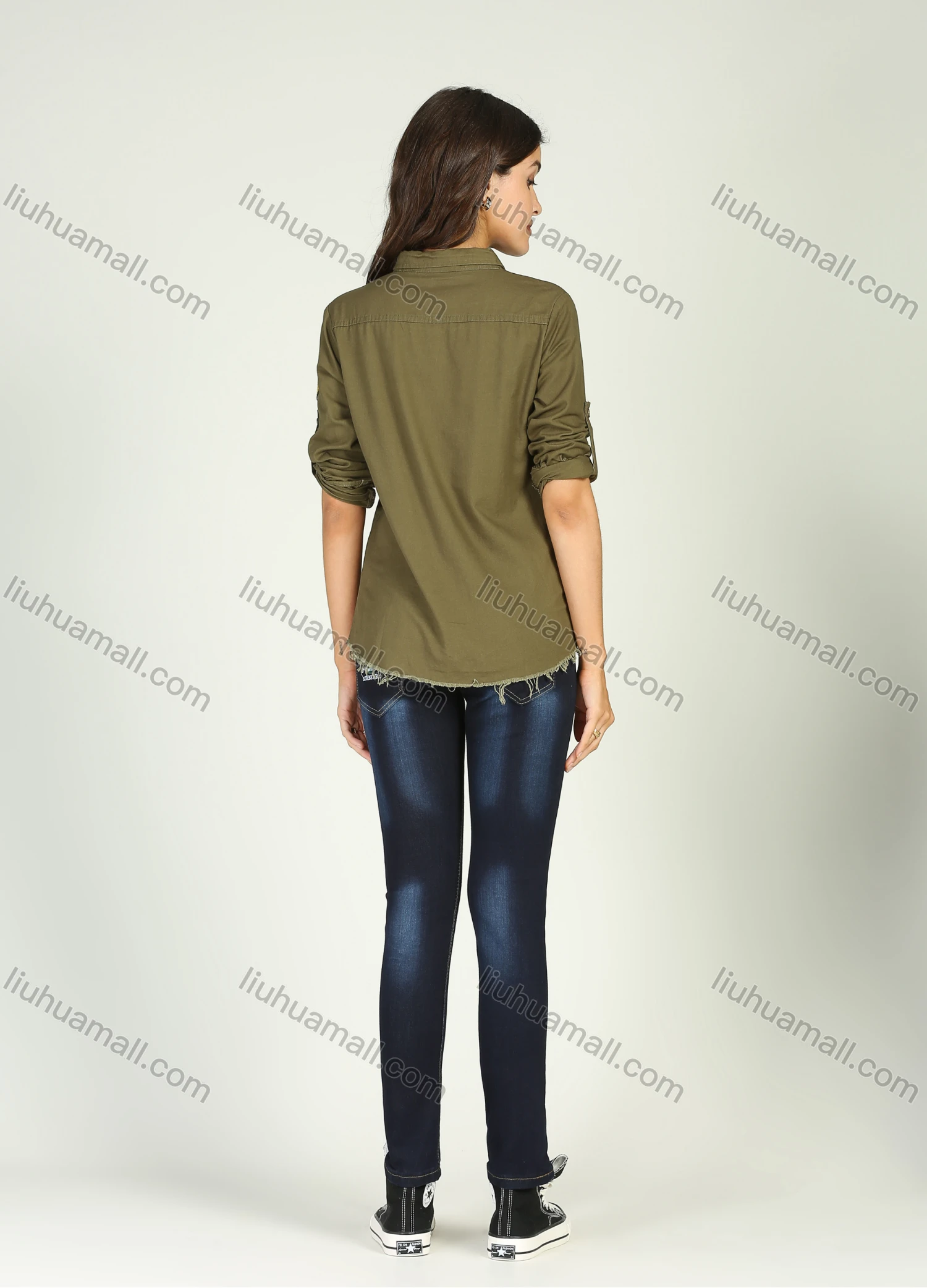 Wholesale Women's Casual Military Style Collared Distressed Long Sleeve Top Button Down Ripped Raw Hem Shirt - Liuhuamall