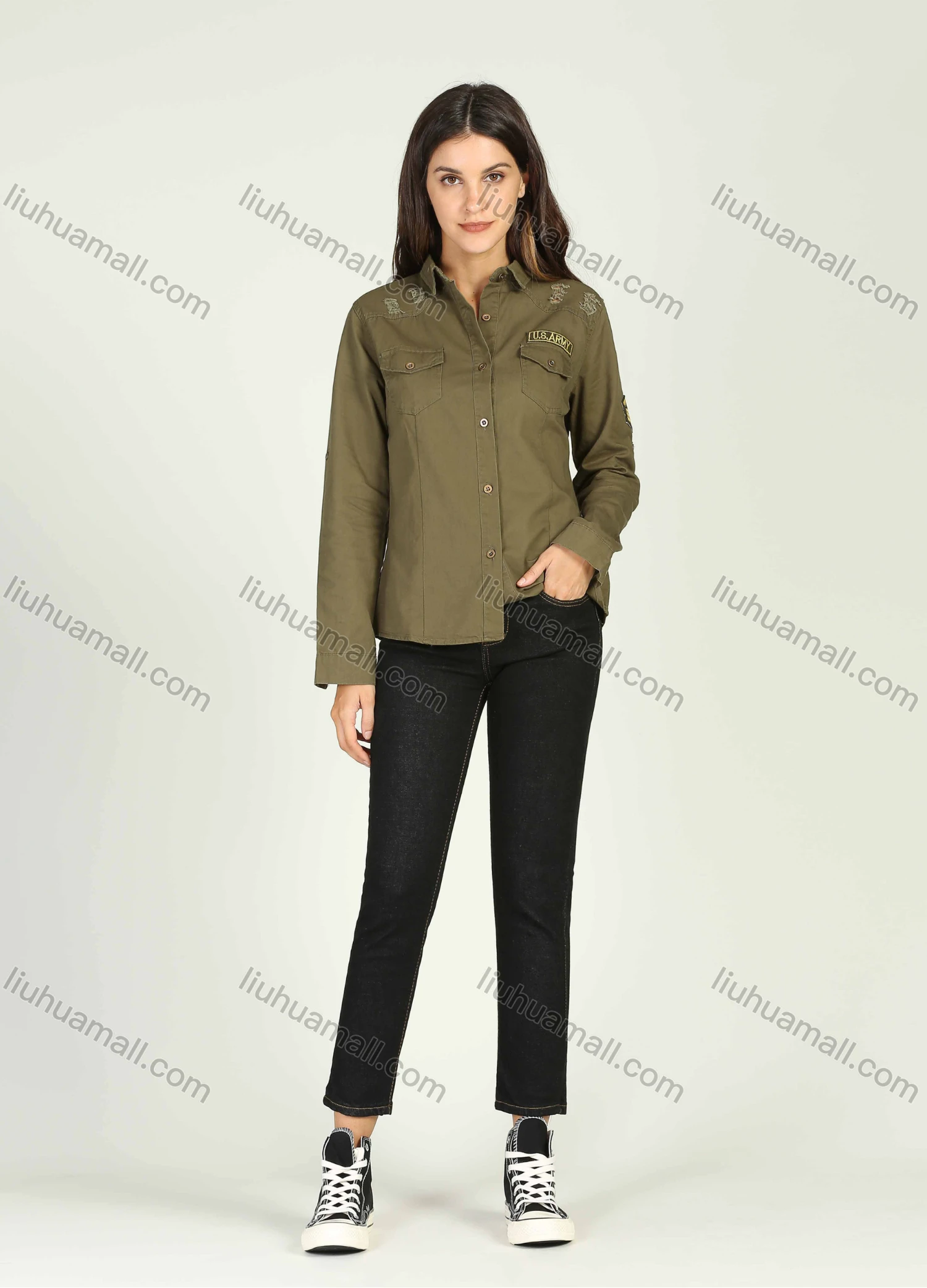 Wholesale Women's Casual Military Style Collared Distressed Long Sleeve Top Button Down Ripped Raw Hem Shirt - Liuhuamall