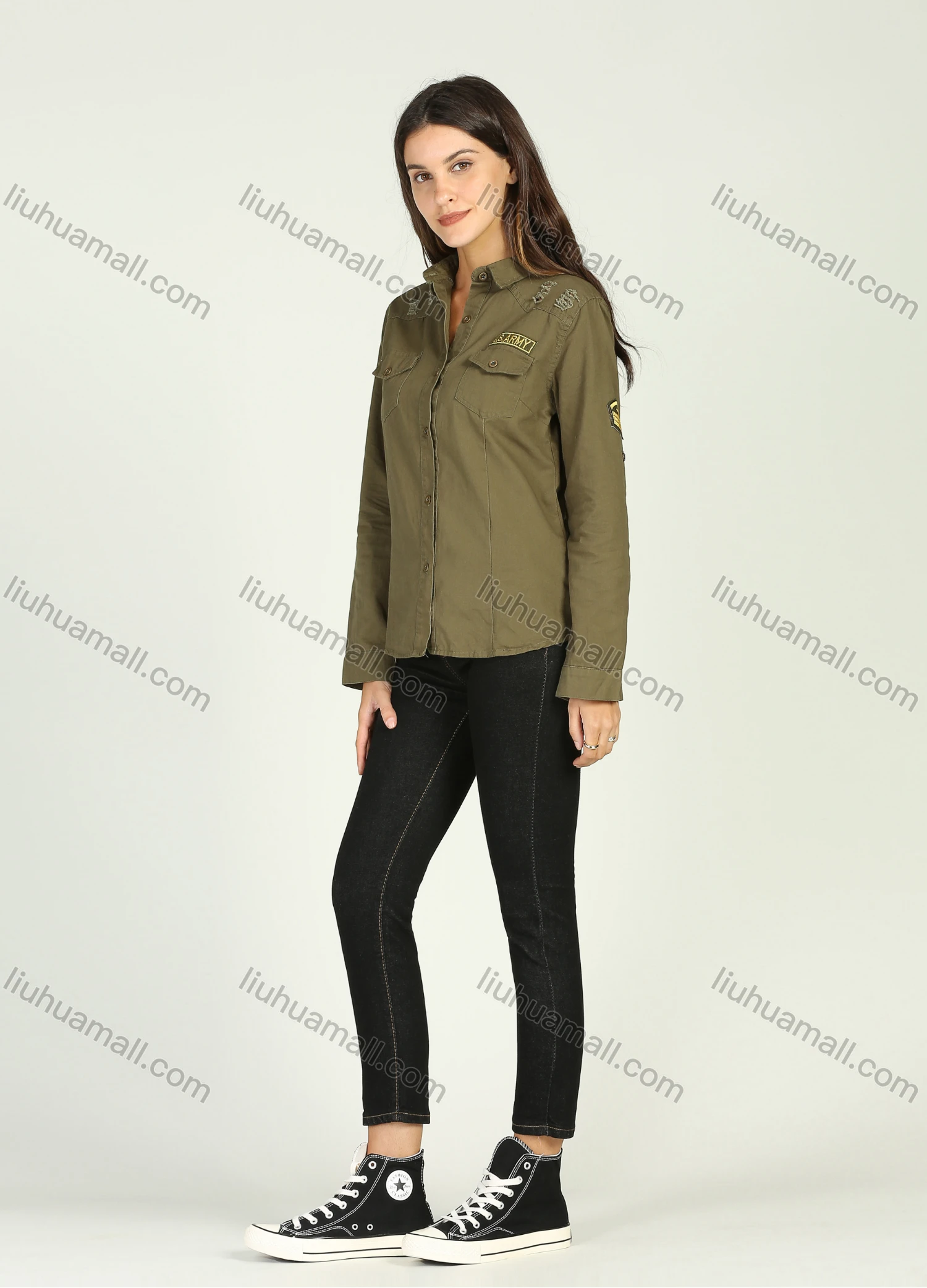 Wholesale Women's Casual Military Style Collared Distressed Long Sleeve Top Button Down Ripped Raw Hem Shirt - Liuhuamall