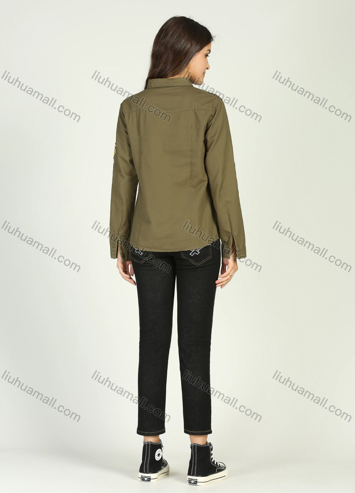 Wholesale Women's Casual Military Style Collared Distressed Long Sleeve Top Button Down Ripped Raw Hem Shirt - Liuhuamall