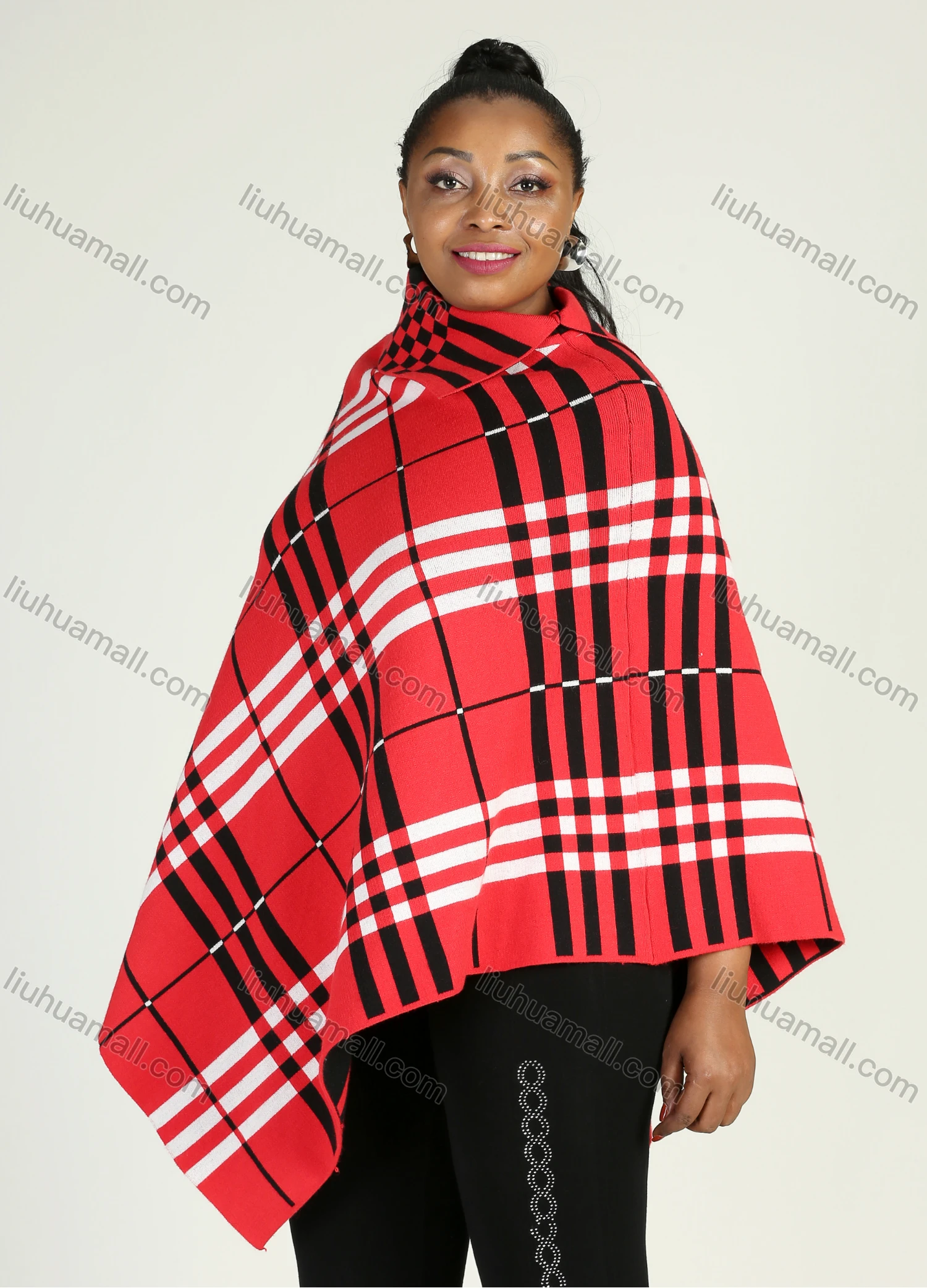 Wholesale Women's Collared Plaid Print Pullover Capes - Liuhuamall