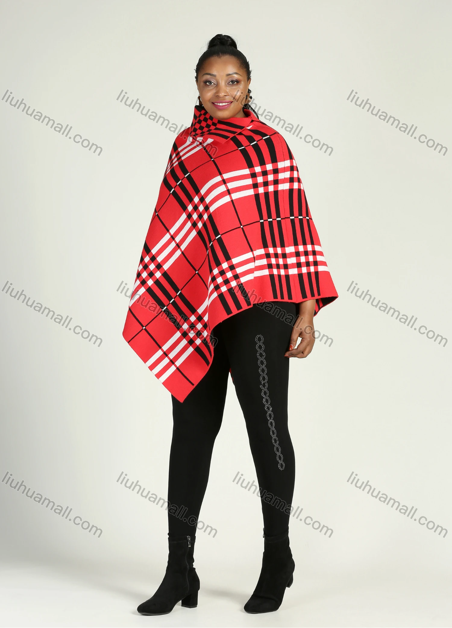 Wholesale Women's Collared Plaid Print Pullover Capes - Liuhuamall