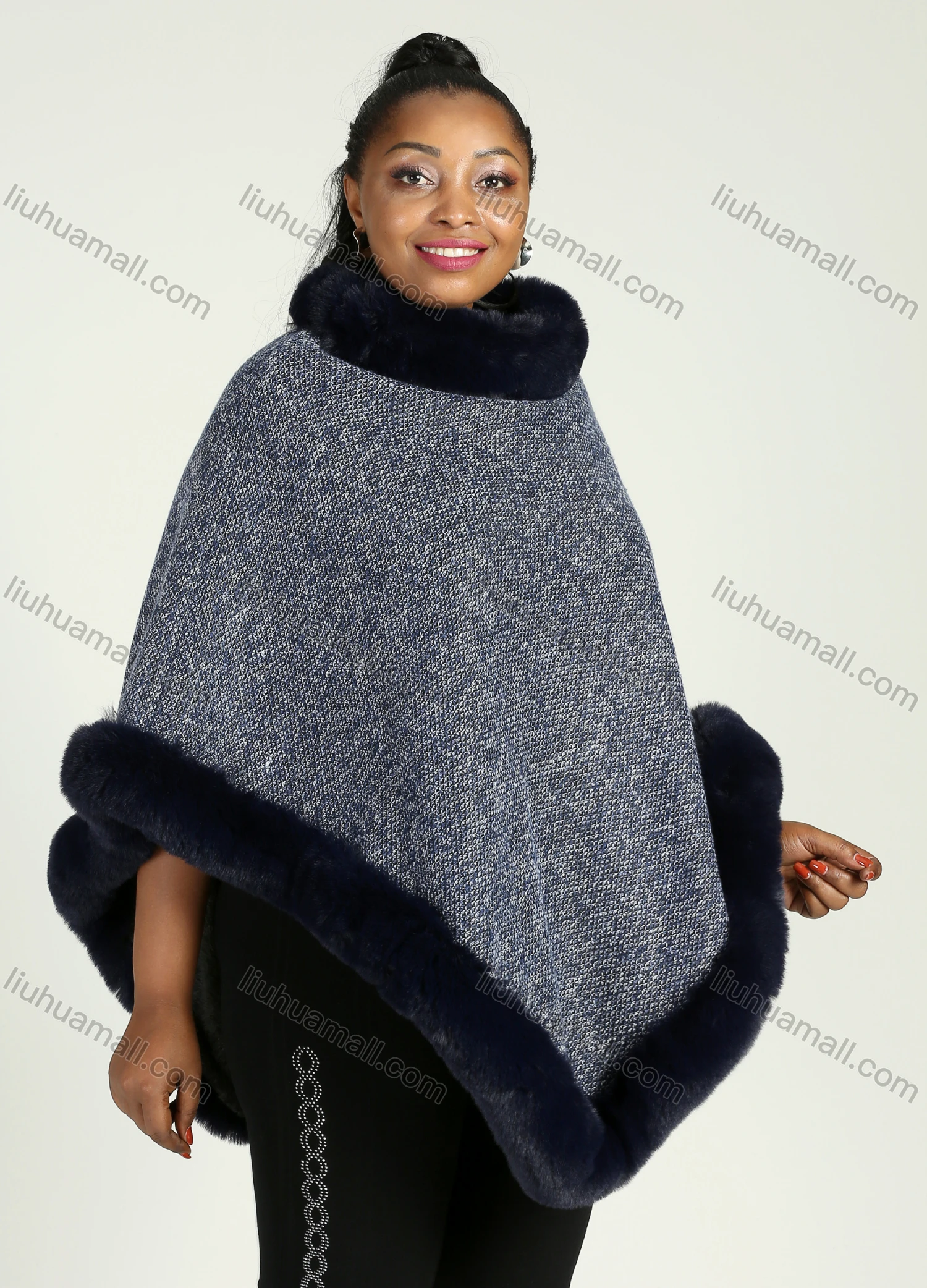 Wholesale Women's Faux Fur Lined Collared Fuzzy Trim Fringe Hem Poncho - Liuhuamall