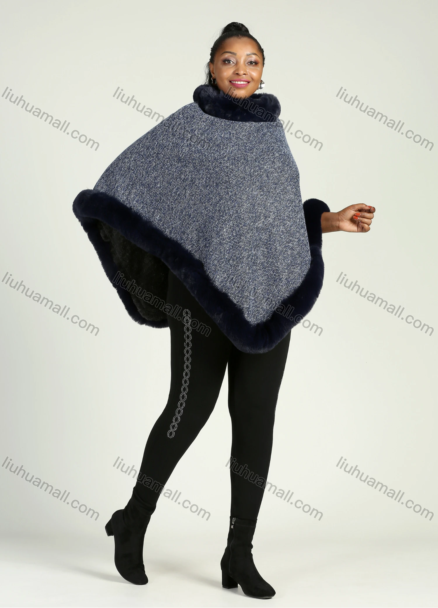 Wholesale Women's Faux Fur Lined Collared Fuzzy Trim Fringe Hem Poncho - Liuhuamall