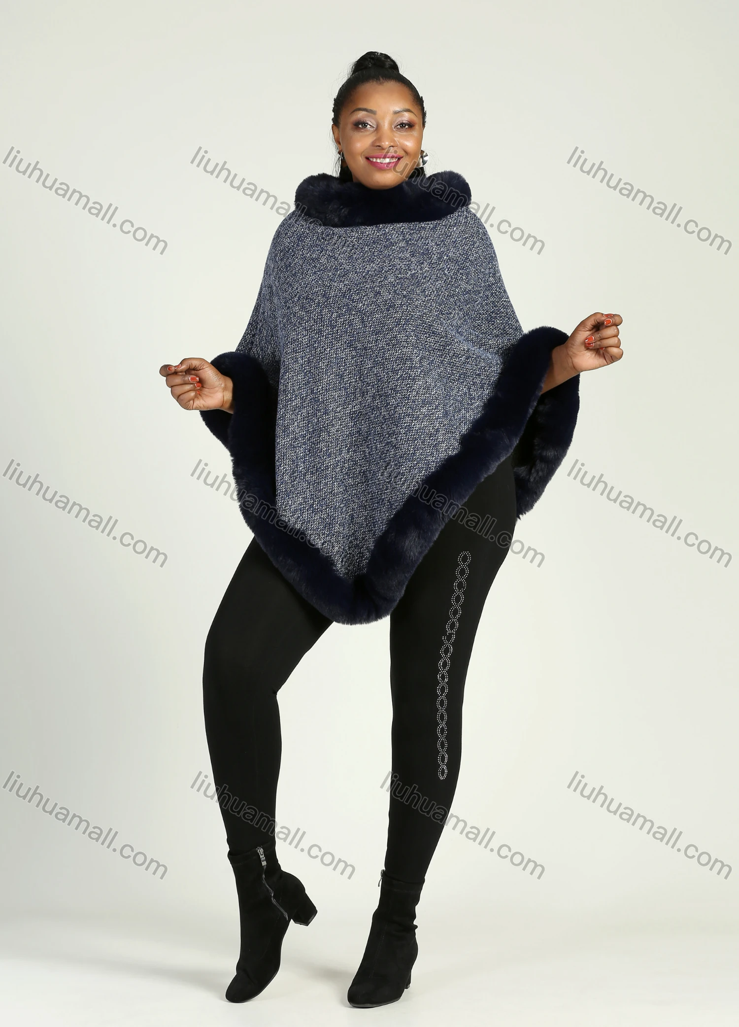 Wholesale Women's Faux Fur Lined Collared Fuzzy Trim Fringe Hem Poncho - Liuhuamall