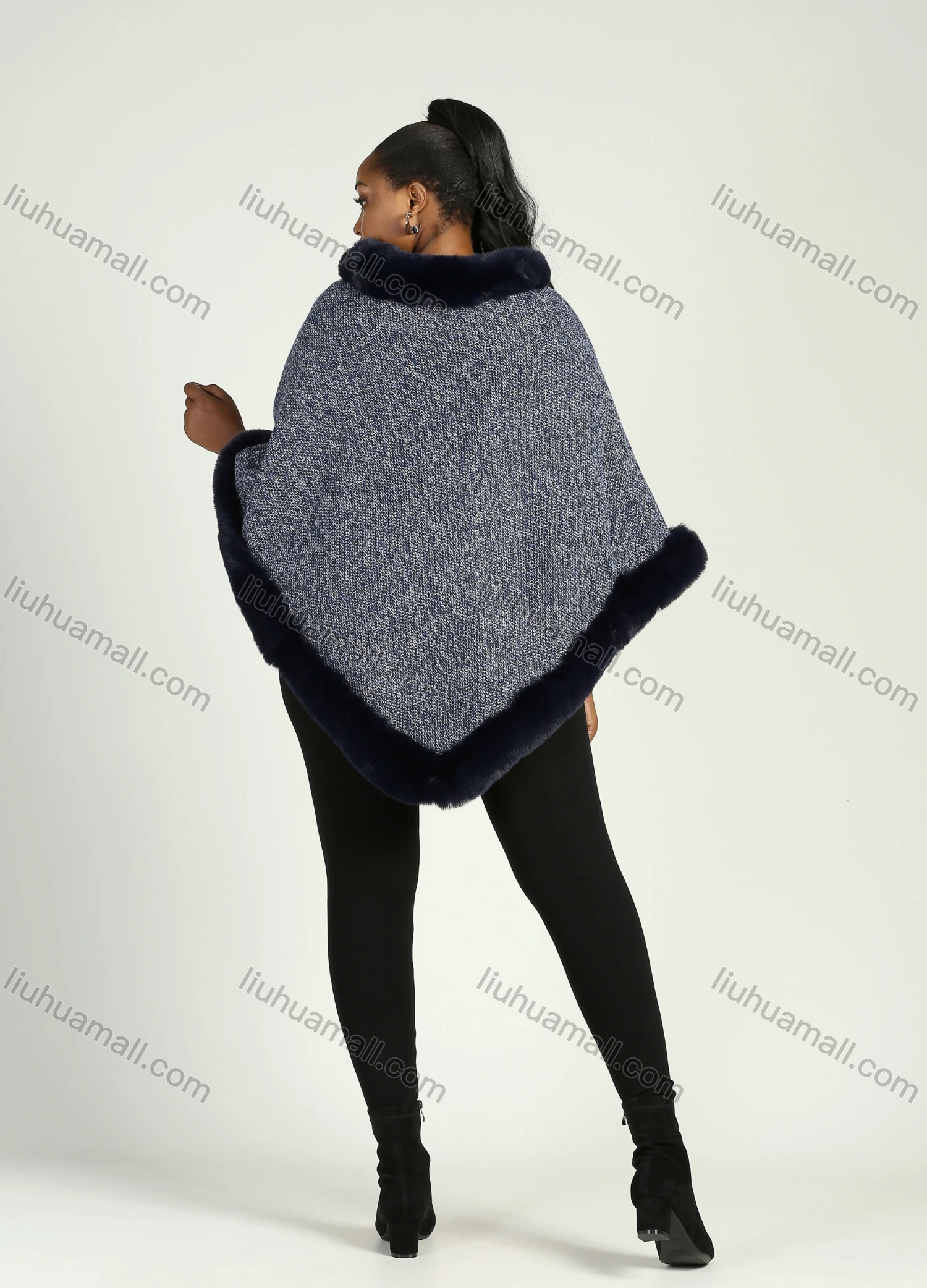 Wholesale Women's Faux Fur Lined Collared Fuzzy Trim Fringe Hem Poncho - Liuhuamall