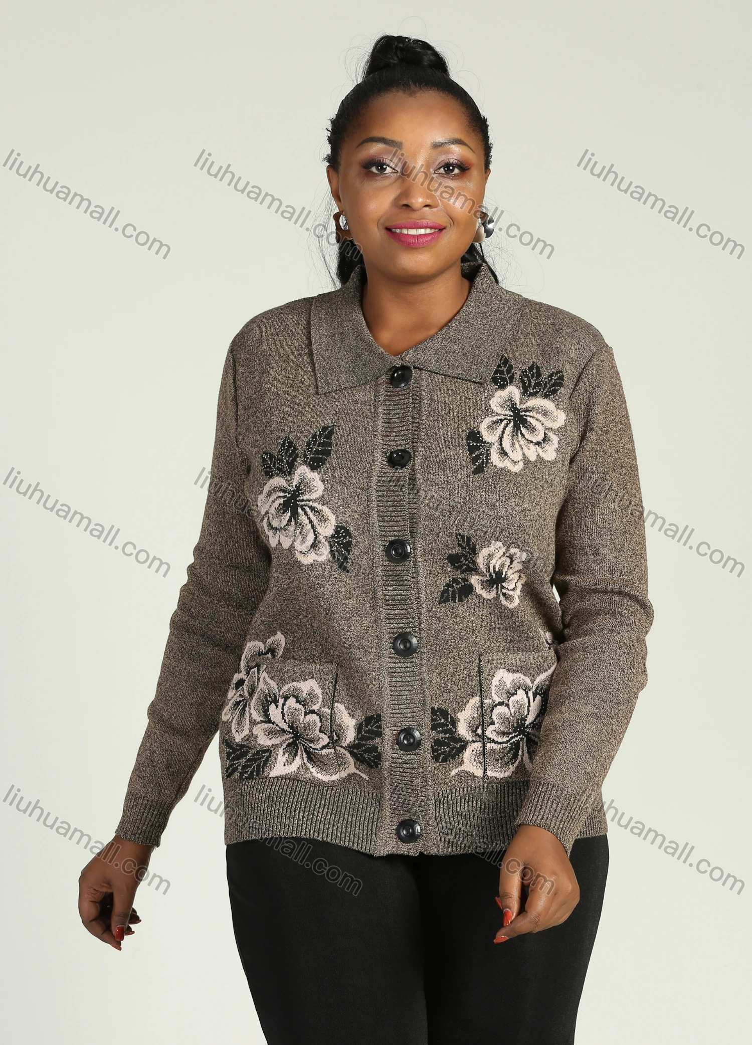 Wholesale Women's Collared Button Front Dual Pockets Floral Casual Knitted Coat - Liuhuamall