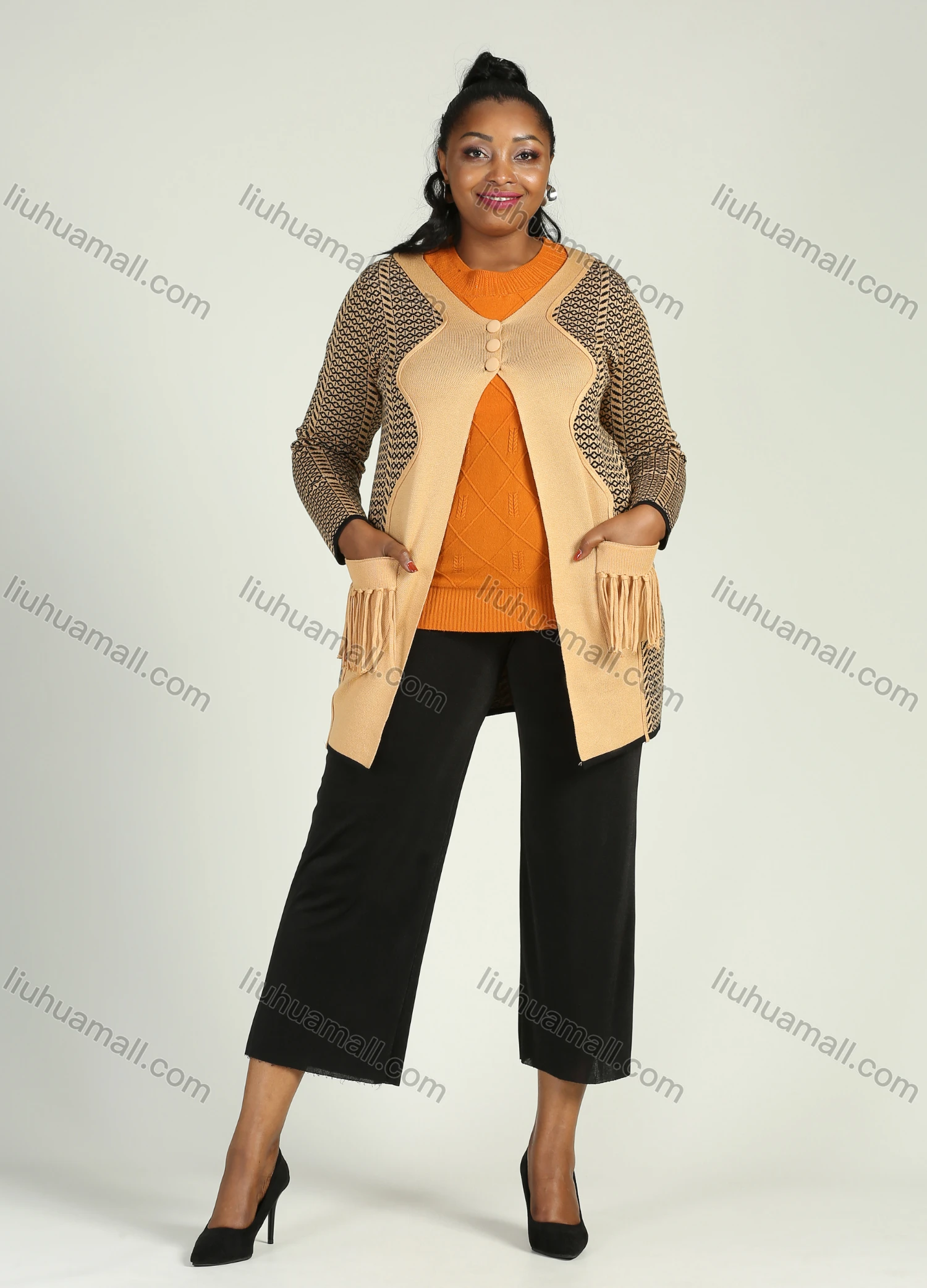 Wholesale Women's Geometric Splicing Button Front Dual Pockets Long Sleeve Cardigan - Liuhuamall