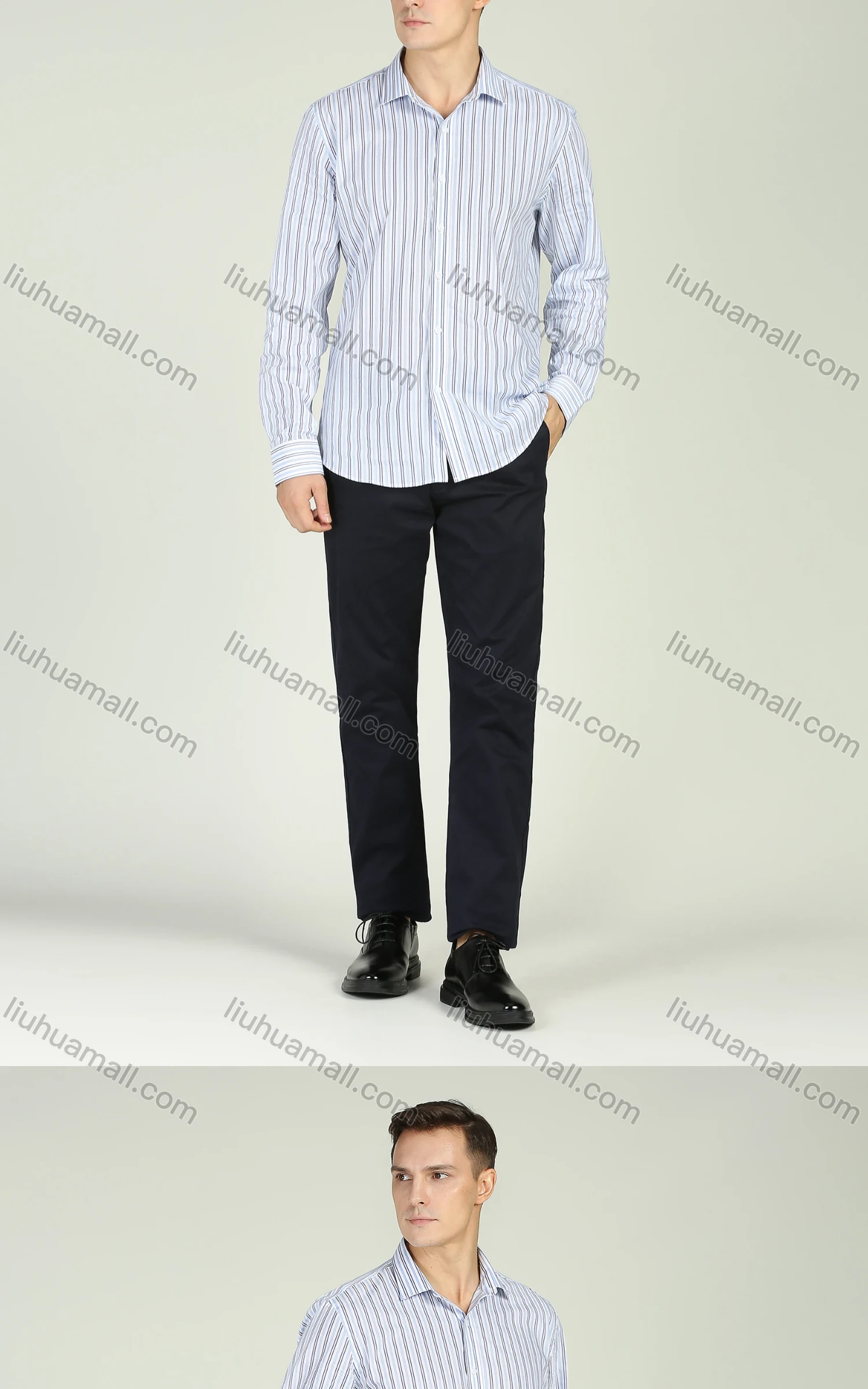 Wholesale Men's Business Long Sleeve Button Down Striped Shirt - Liuhuamall