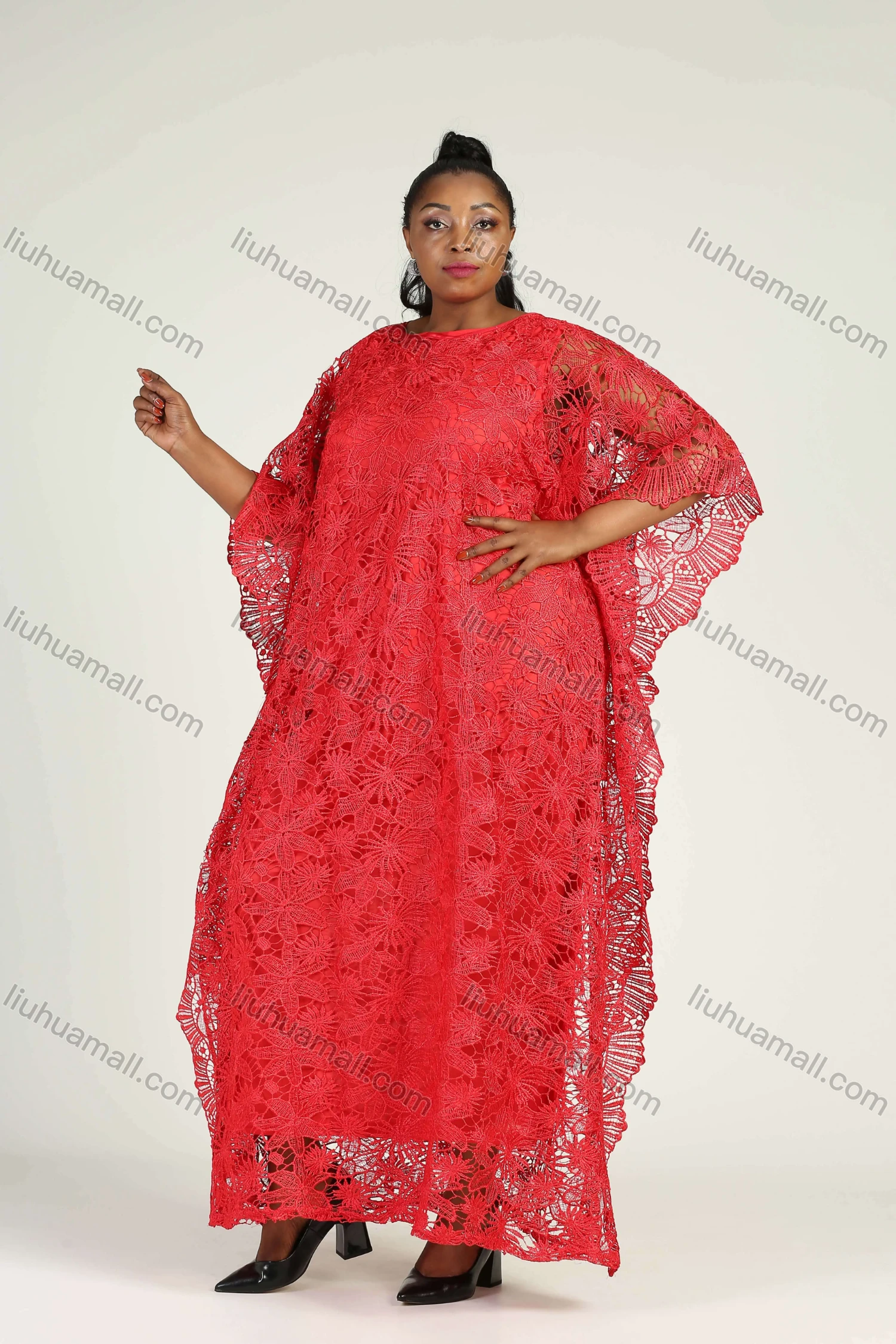 Wholesale Women's African Batwing Sleeve Plain Floral Guipure Lace Maxi Kaftan Dress - Liuhuamall