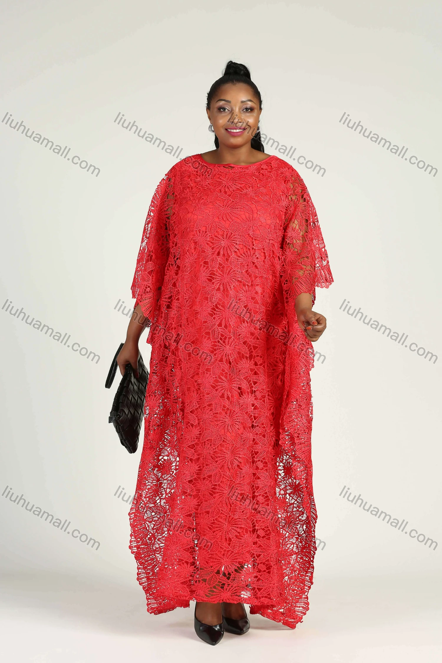 Wholesale Women's African Batwing Sleeve Plain Floral Guipure Lace Maxi Kaftan Dress - Liuhuamall