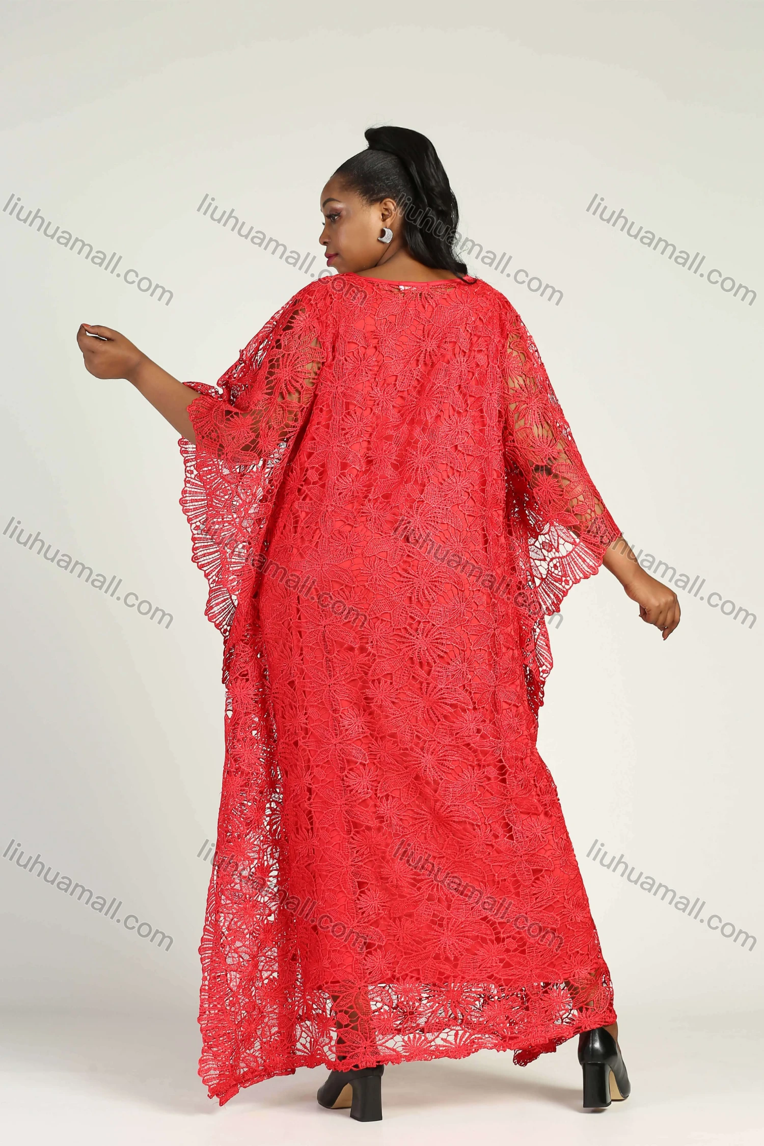 Wholesale Women's African Batwing Sleeve Plain Floral Guipure Lace Maxi Kaftan Dress - Liuhuamall