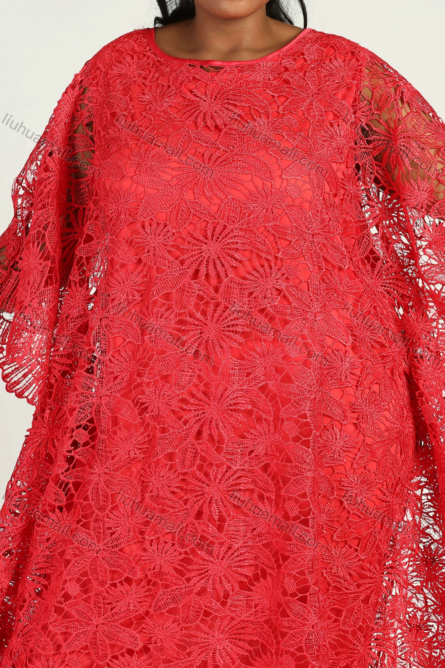 Wholesale Women's African Batwing Sleeve Plain Floral Guipure Lace Maxi Kaftan Dress - Liuhuamall