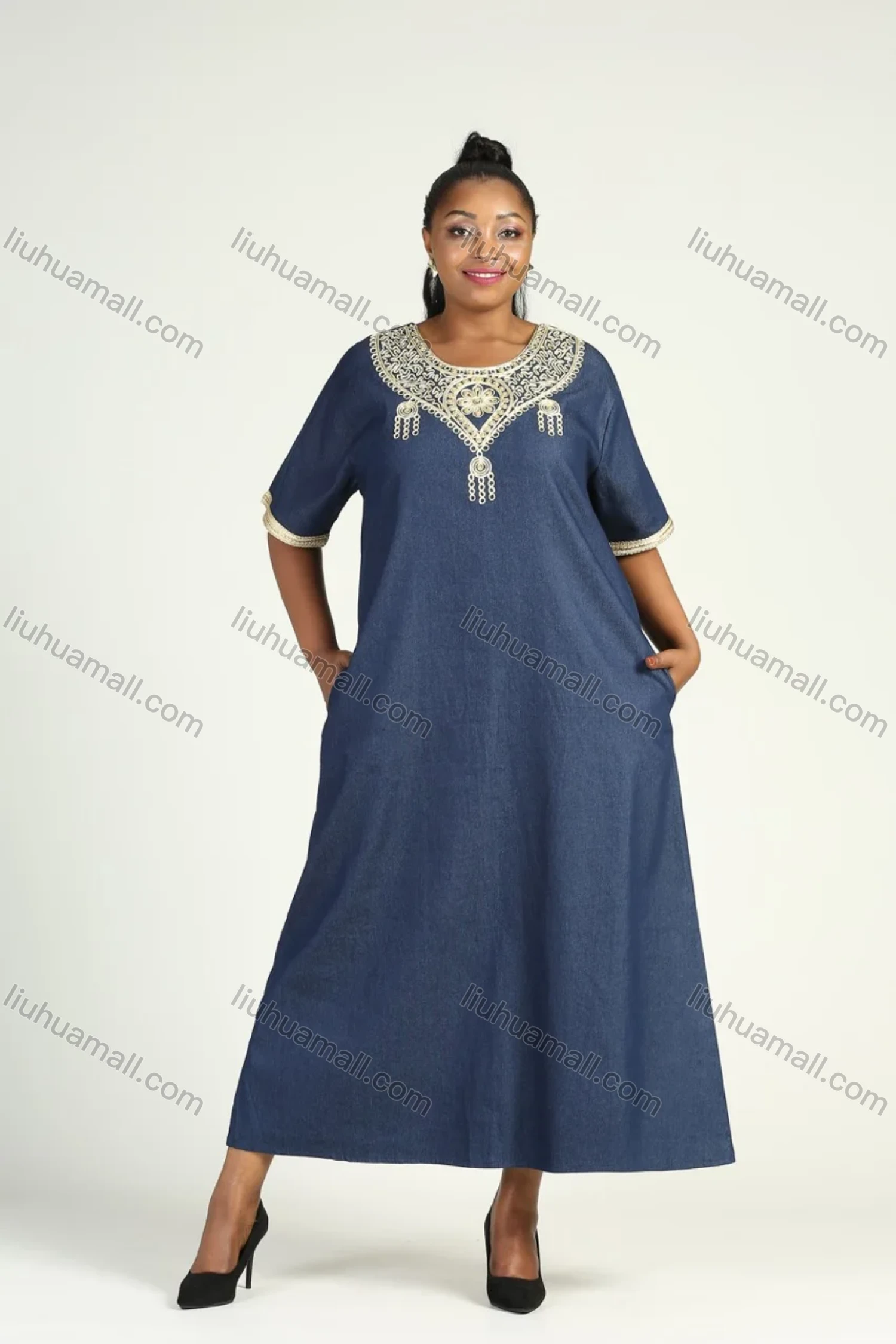 Wholesale Women's Plus Size 3/4 Sleeve Round Neck Embroidery Denim Kaftan Maxi Dress - Liuhuamall