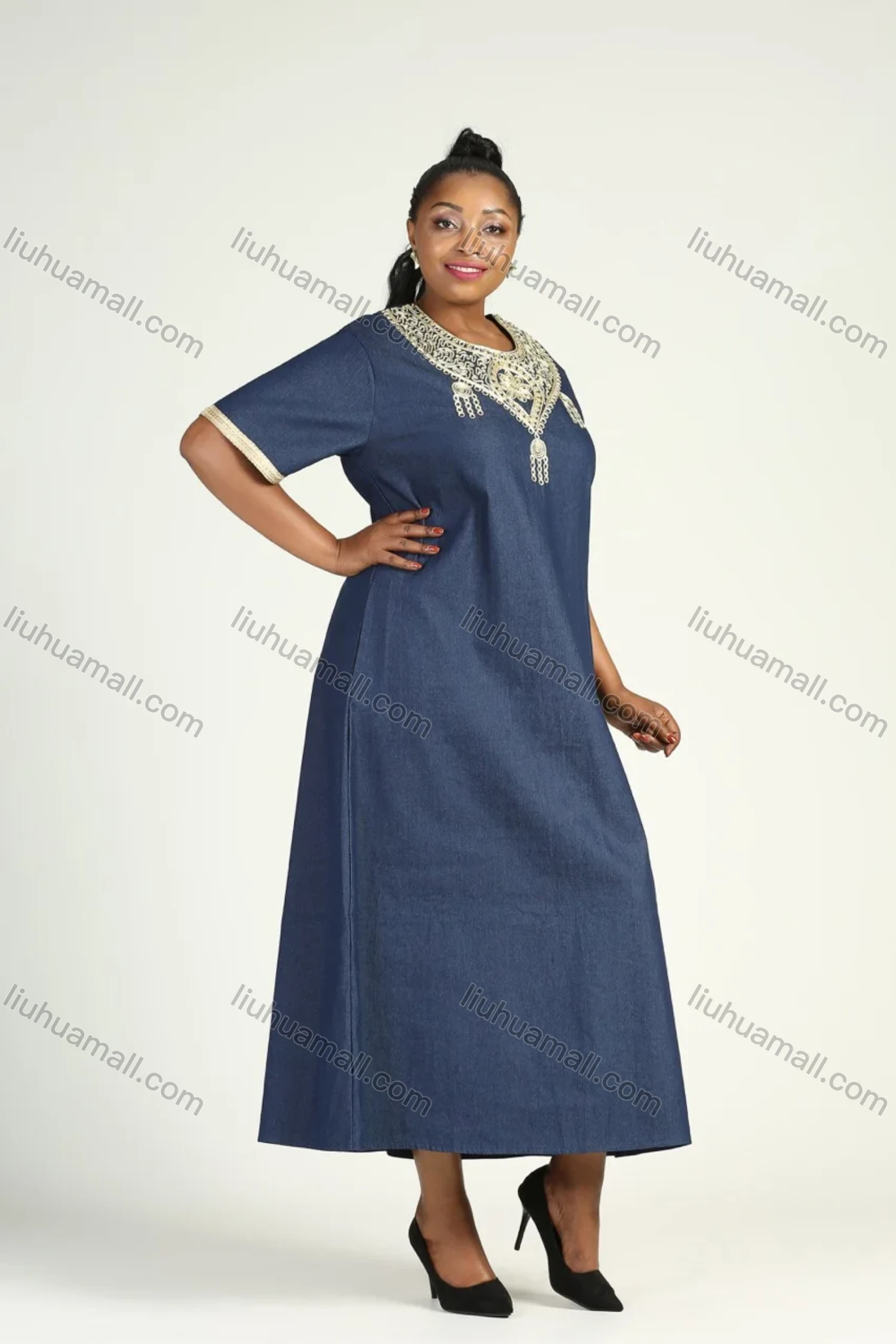 Wholesale Women's Plus Size 3/4 Sleeve Round Neck Embroidery Denim Kaftan Maxi Dress - Liuhuamall