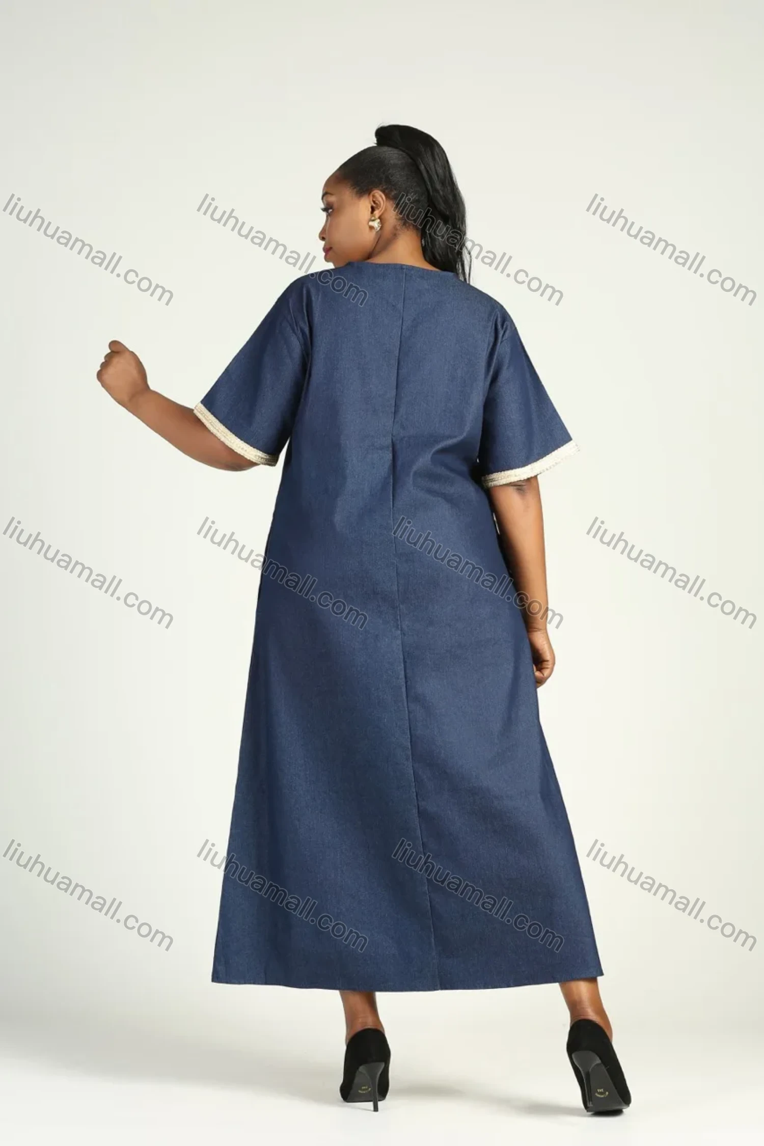 Wholesale Women's Plus Size 3/4 Sleeve Round Neck Embroidery Denim Kaftan Maxi Dress - Liuhuamall