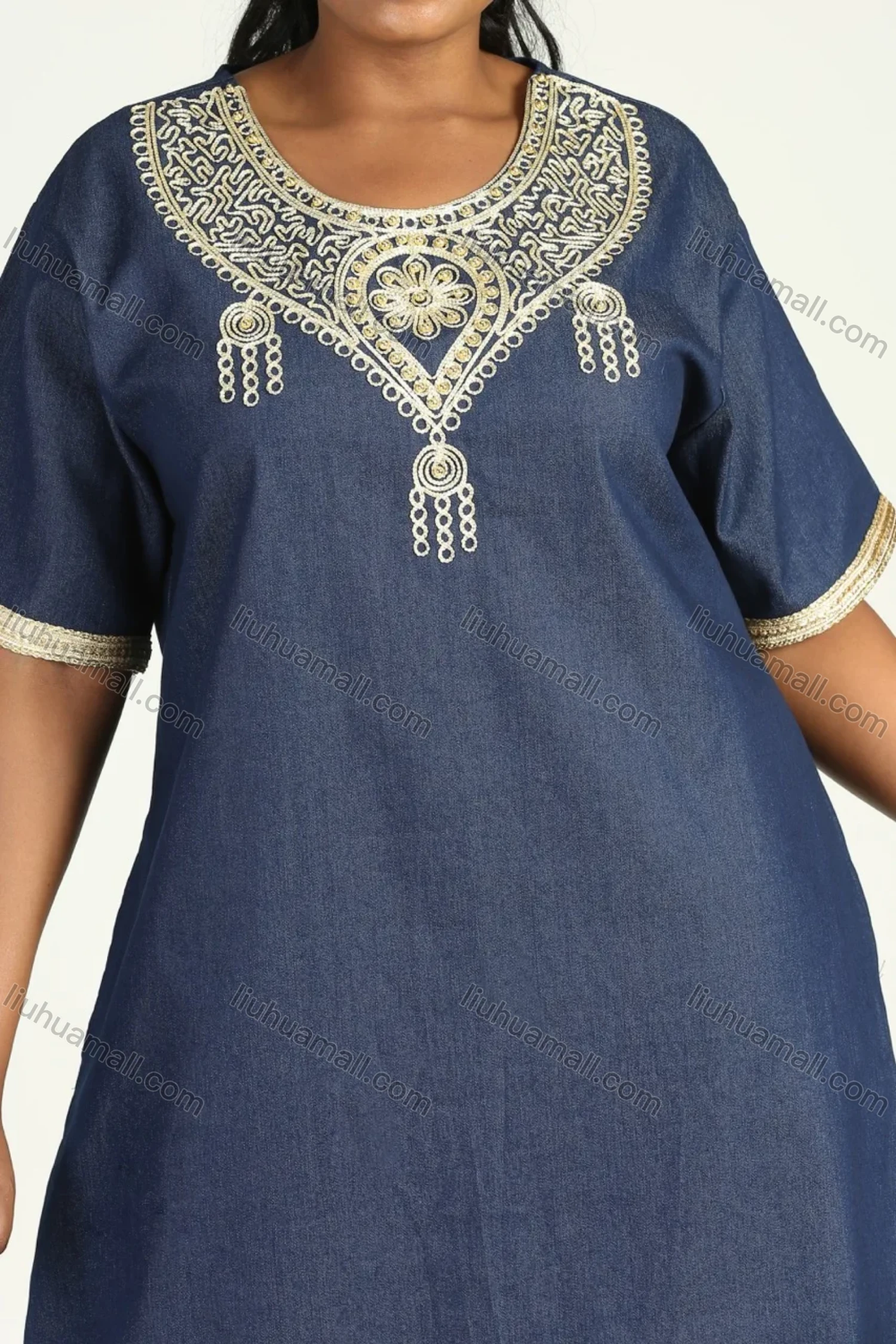 Wholesale Women's Plus Size 3/4 Sleeve Round Neck Embroidery Denim Kaftan Maxi Dress - Liuhuamall