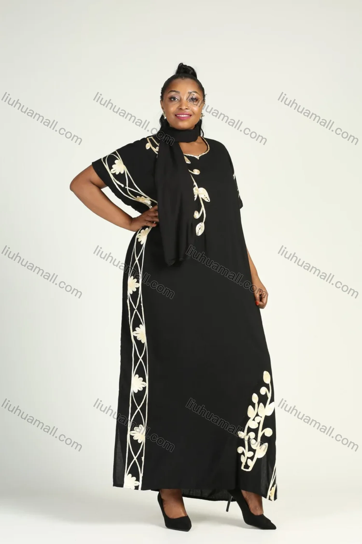 Wholesale Women's African Elegant Short Sleeve Round Neck 2021102297559351 Kaftan Dress With Scarf - Liuhuamall