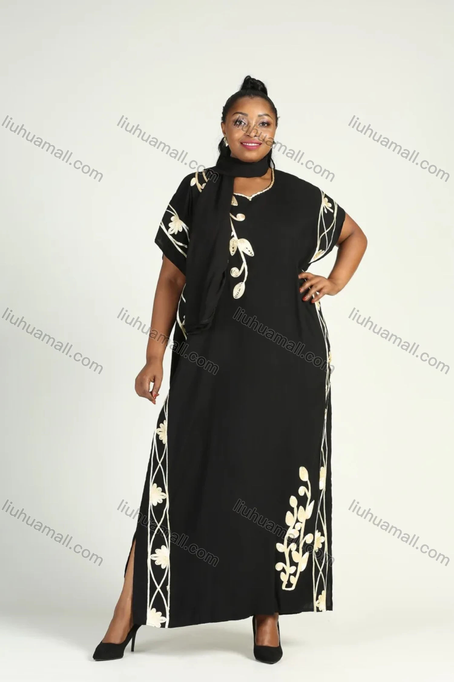 Wholesale Women's African Elegant Short Sleeve Round Neck 2021102297559351 Kaftan Dress With Scarf - Liuhuamall