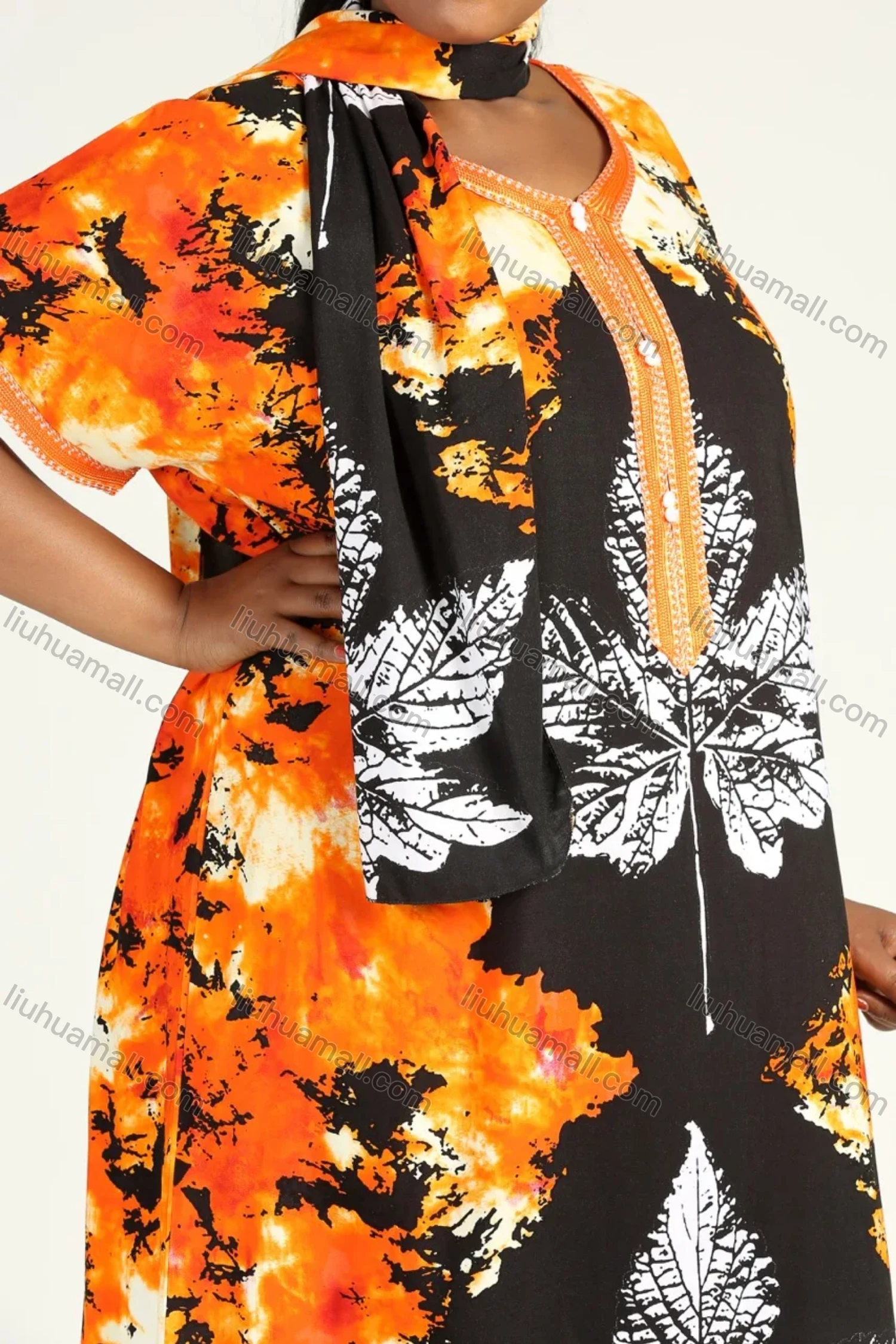 Wholesale Women's African Allover Print Round Neck Short Sleeve Embroidery Kaftan Dress With Scarf - Liuhuamall