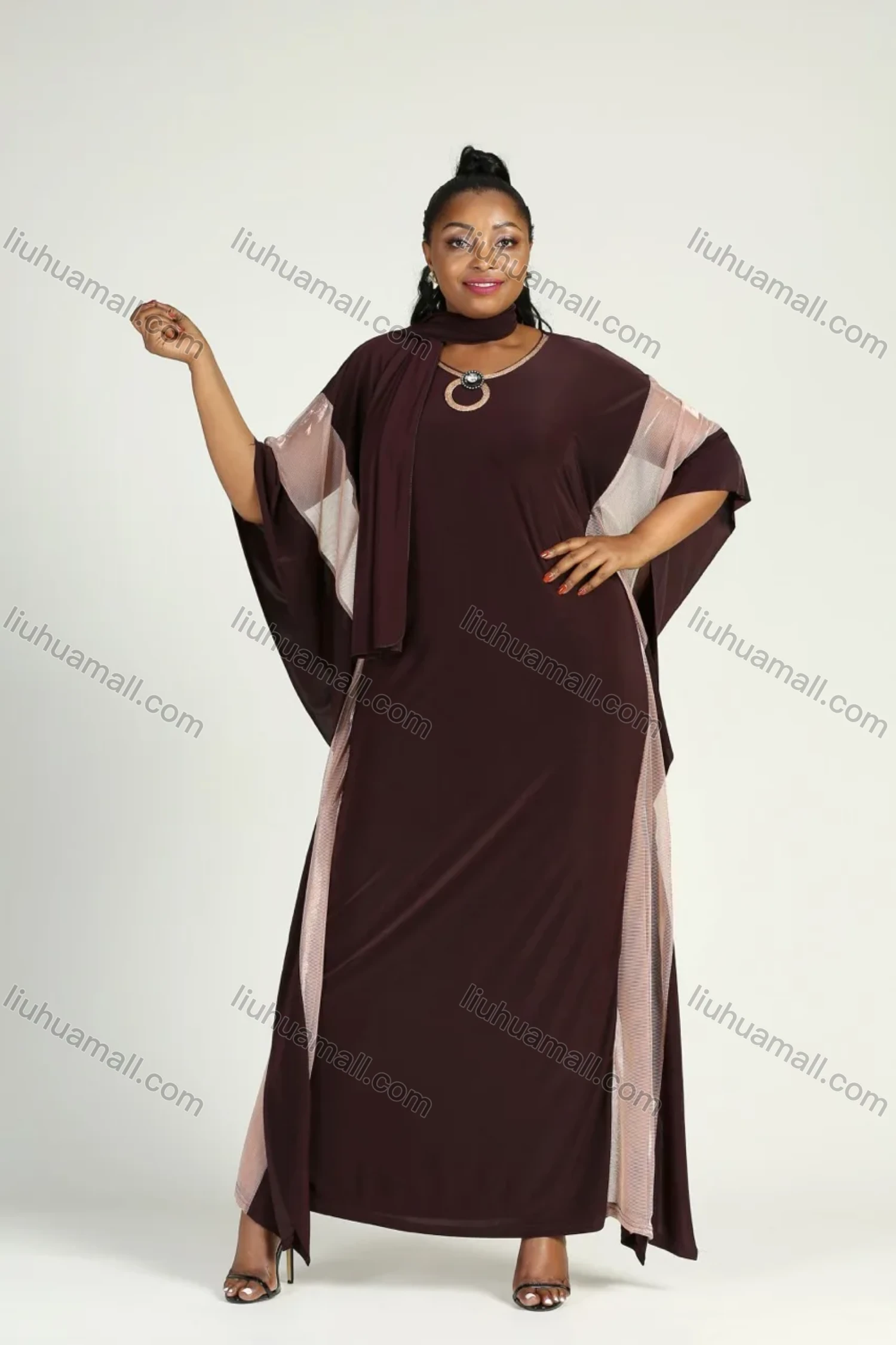 Wholesale Women's Elegant Plus Size Batwing Sleeve Round Neck Mesh Splicing Kaftan Dress With Scarf - Liuhuamall