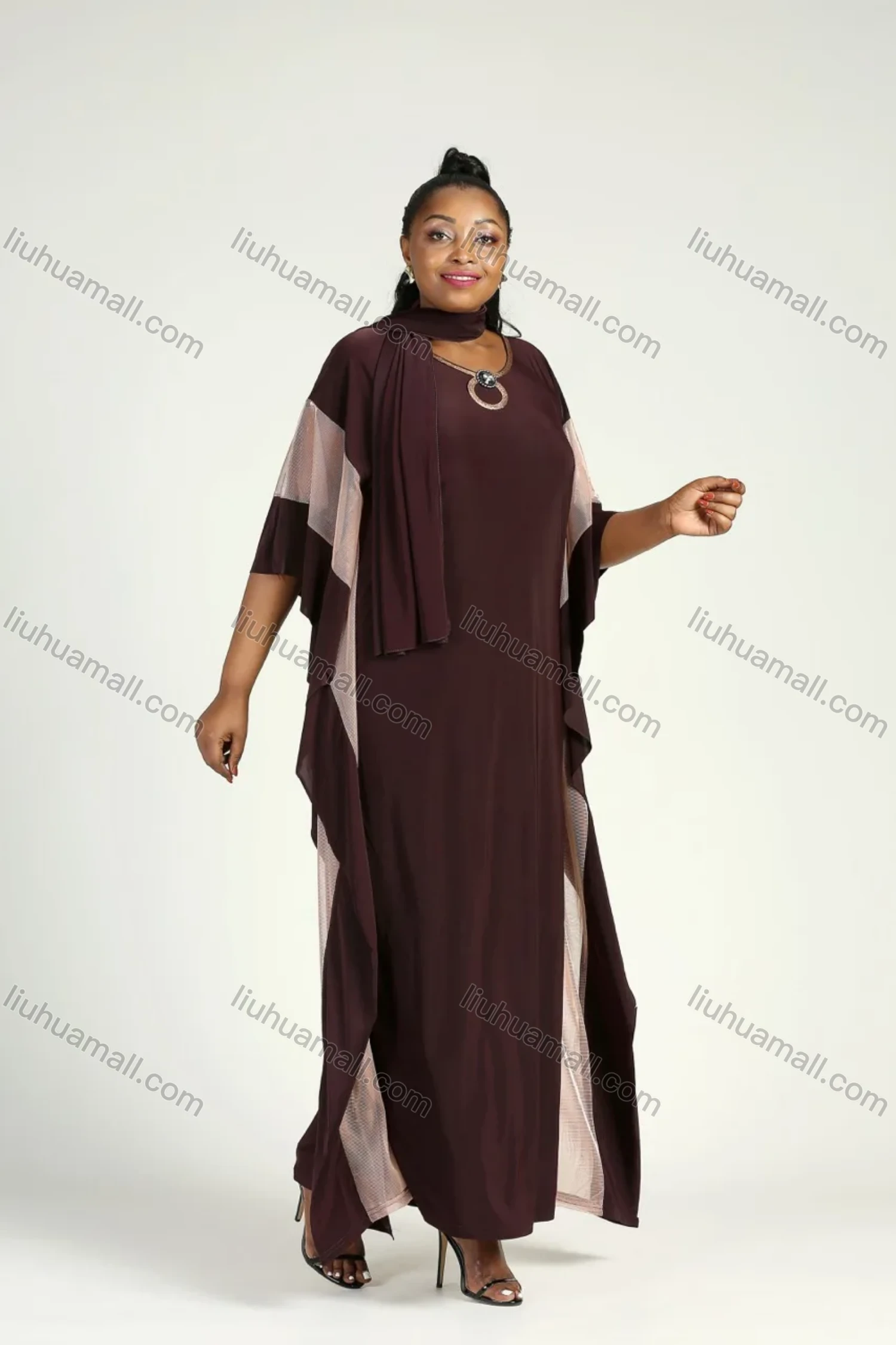 Wholesale Women's Elegant Plus Size Batwing Sleeve Round Neck Mesh Splicing Kaftan Dress With Scarf - Liuhuamall