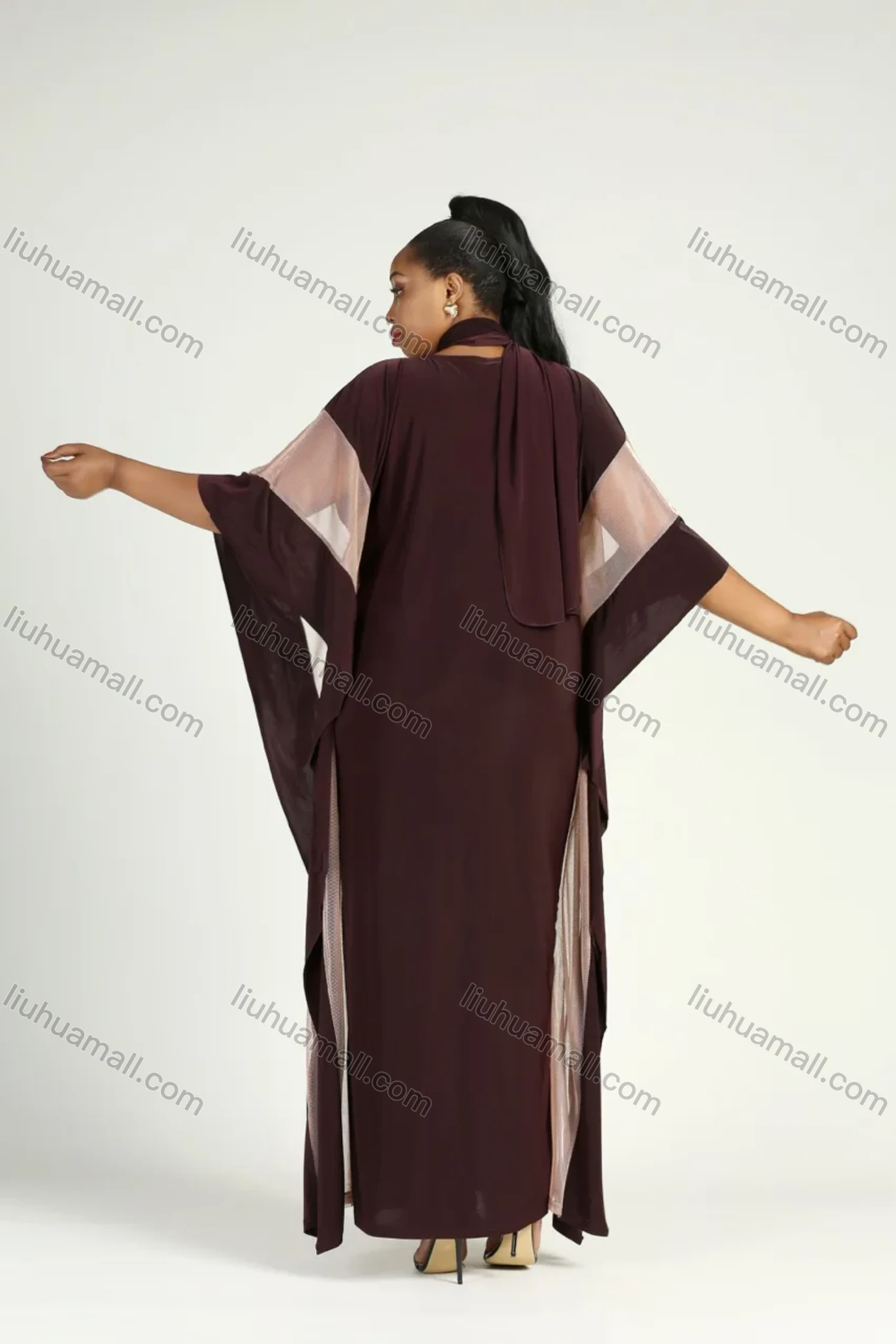 Wholesale Women's Elegant Plus Size Batwing Sleeve Round Neck Mesh Splicing Kaftan Dress With Scarf - Liuhuamall