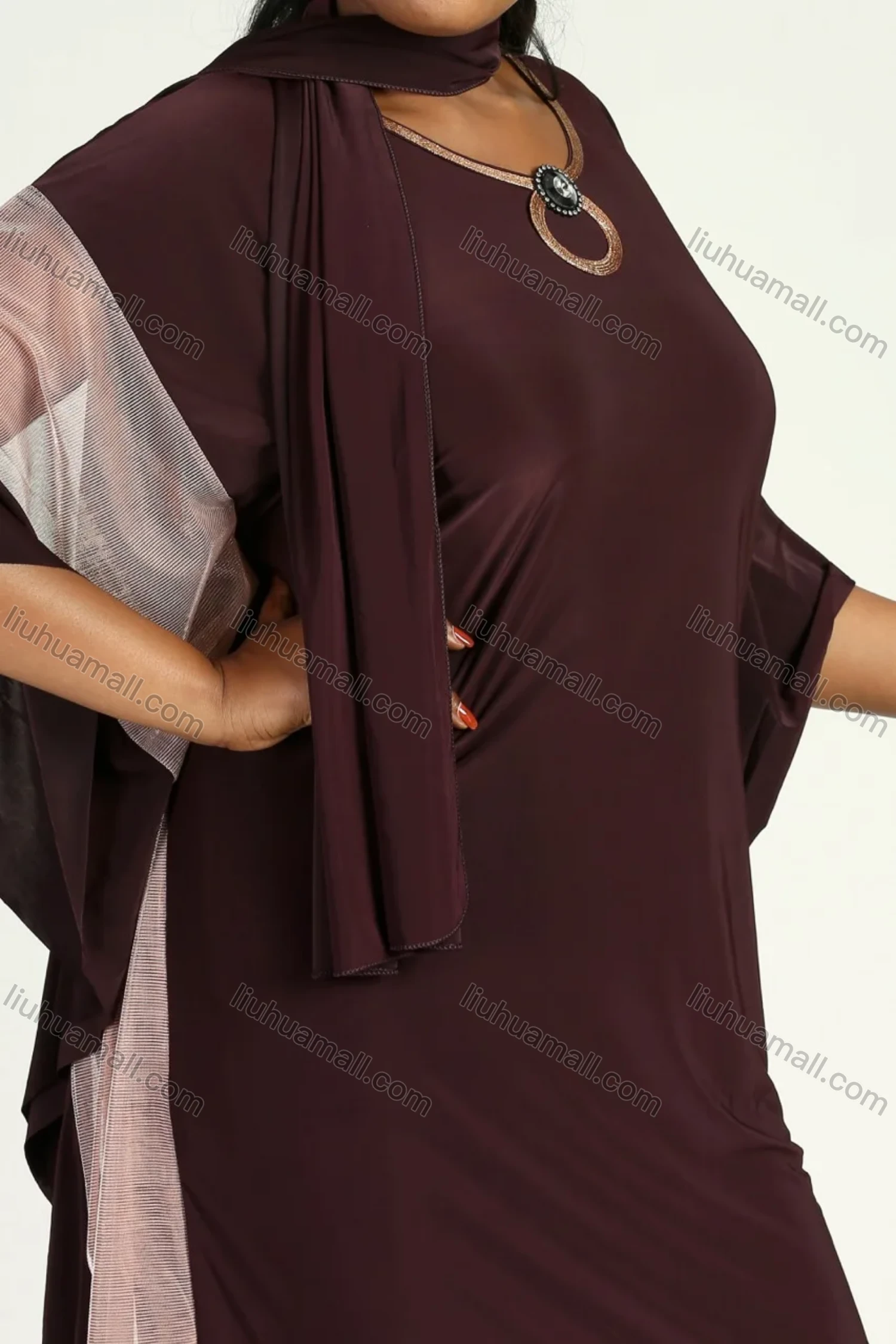 Wholesale Women's Elegant Plus Size Batwing Sleeve Round Neck Mesh Splicing Kaftan Dress With Scarf - Liuhuamall