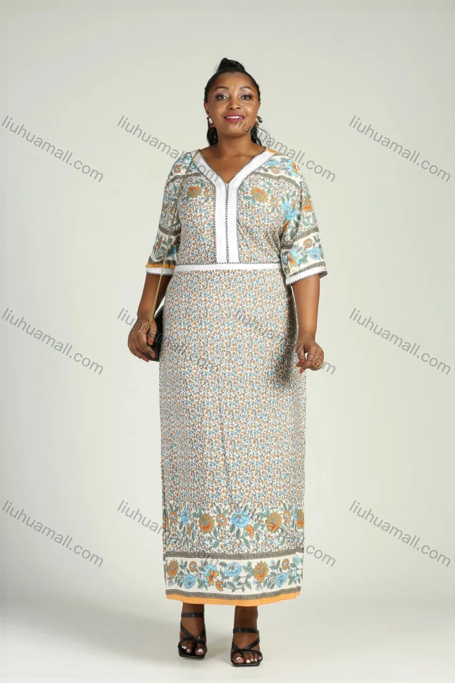 Wholesale Women's Plus Size Ditsy Floral V Neck Half Sleeve Maxi Dress - Liuhuamall