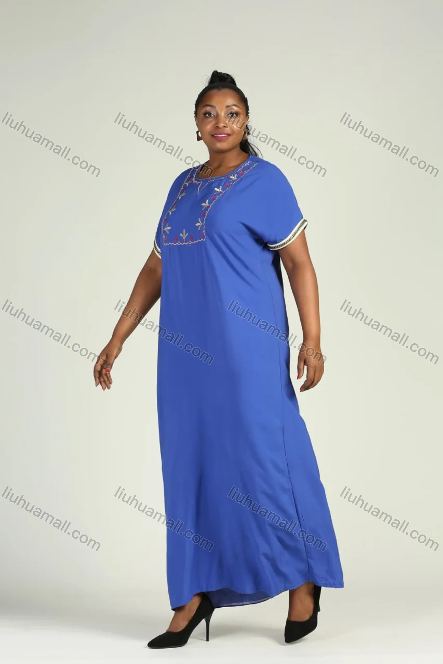 Wholesale Women's Plus Size Floral Embroidery Round Neck Short Sleeve African Maxi Dress - Liuhuamall