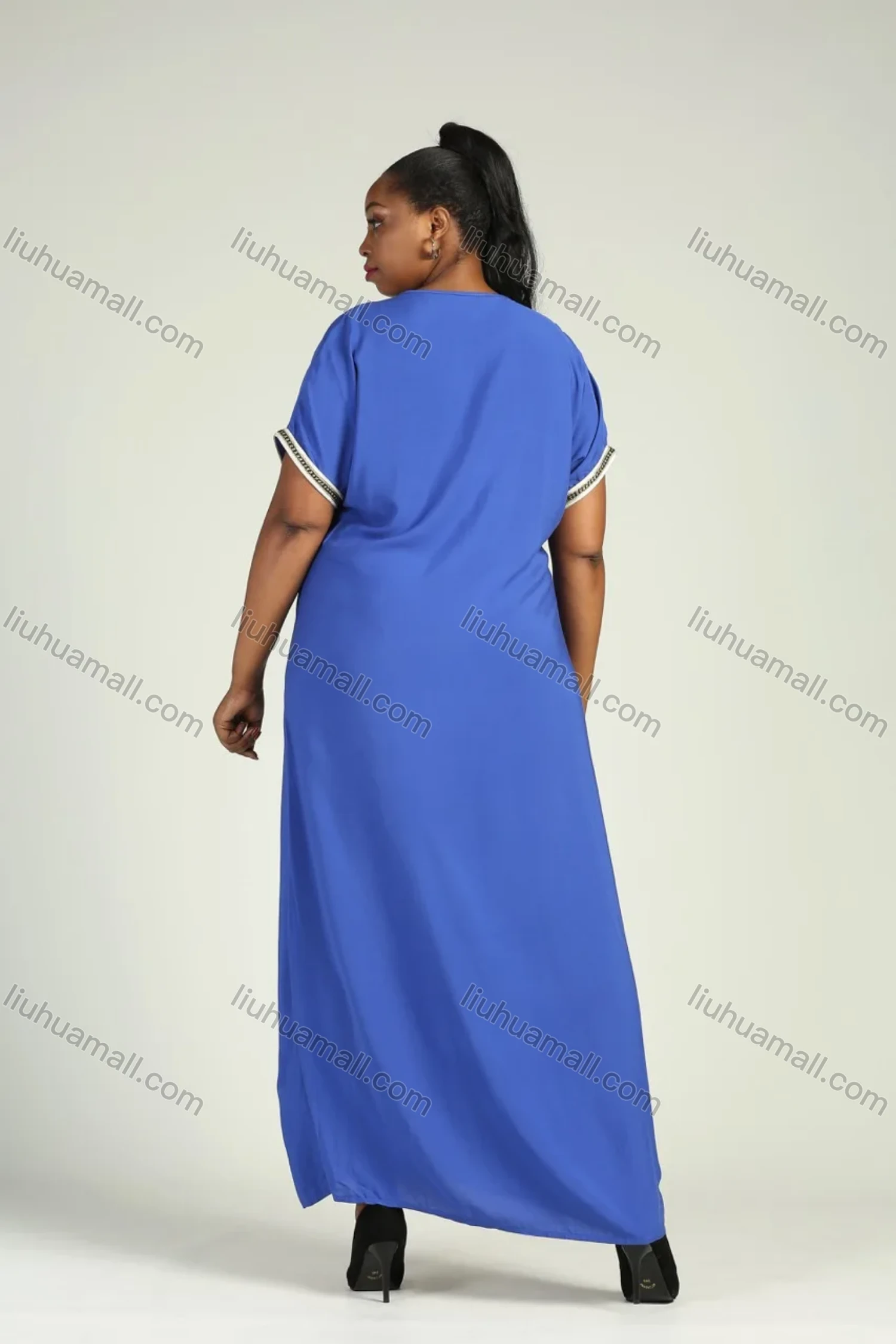 Wholesale Women's Plus Size Floral Embroidery Round Neck Short Sleeve African Maxi Dress - Liuhuamall