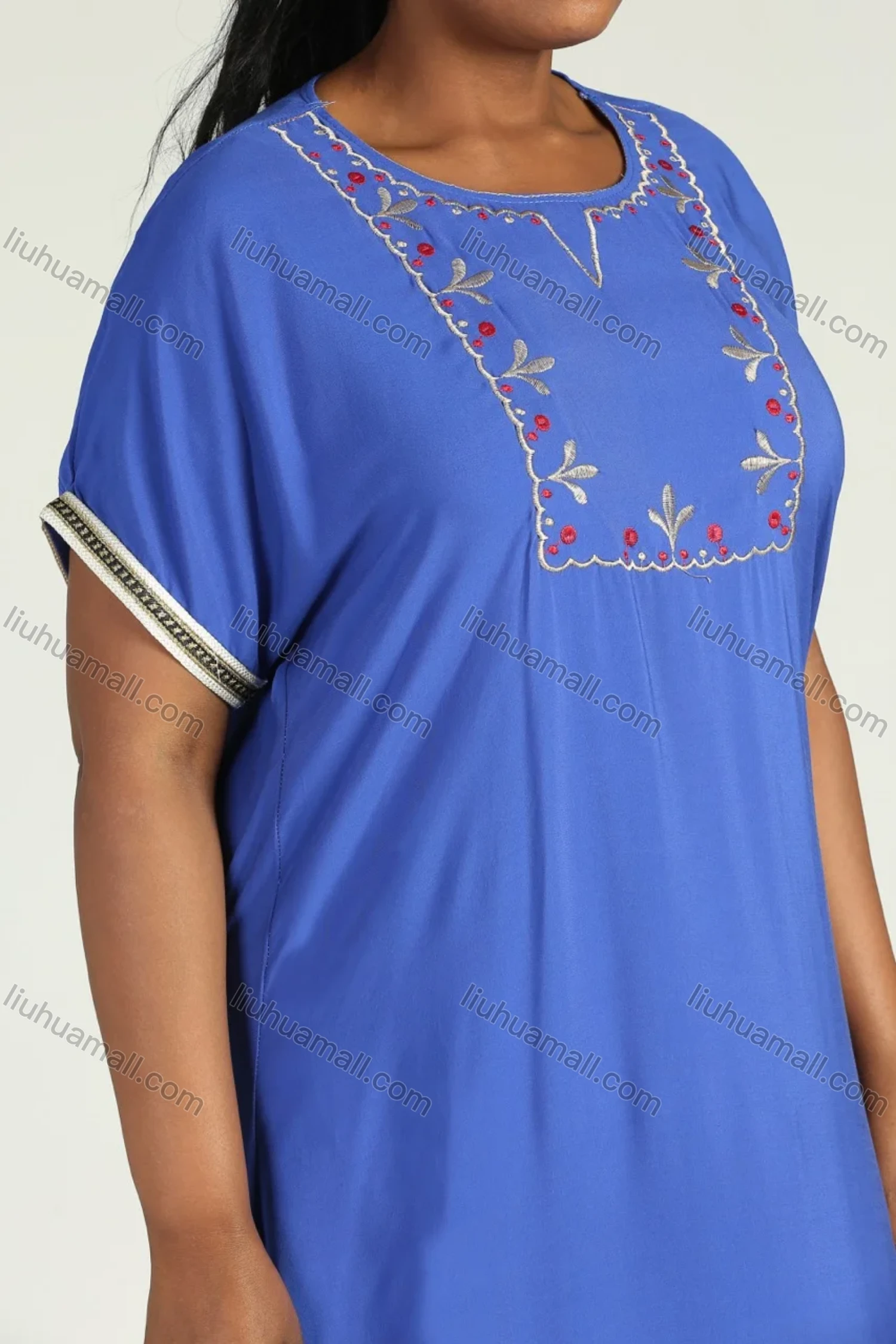 Wholesale Women's Plus Size Floral Embroidery Round Neck Short Sleeve African Maxi Dress - Liuhuamall