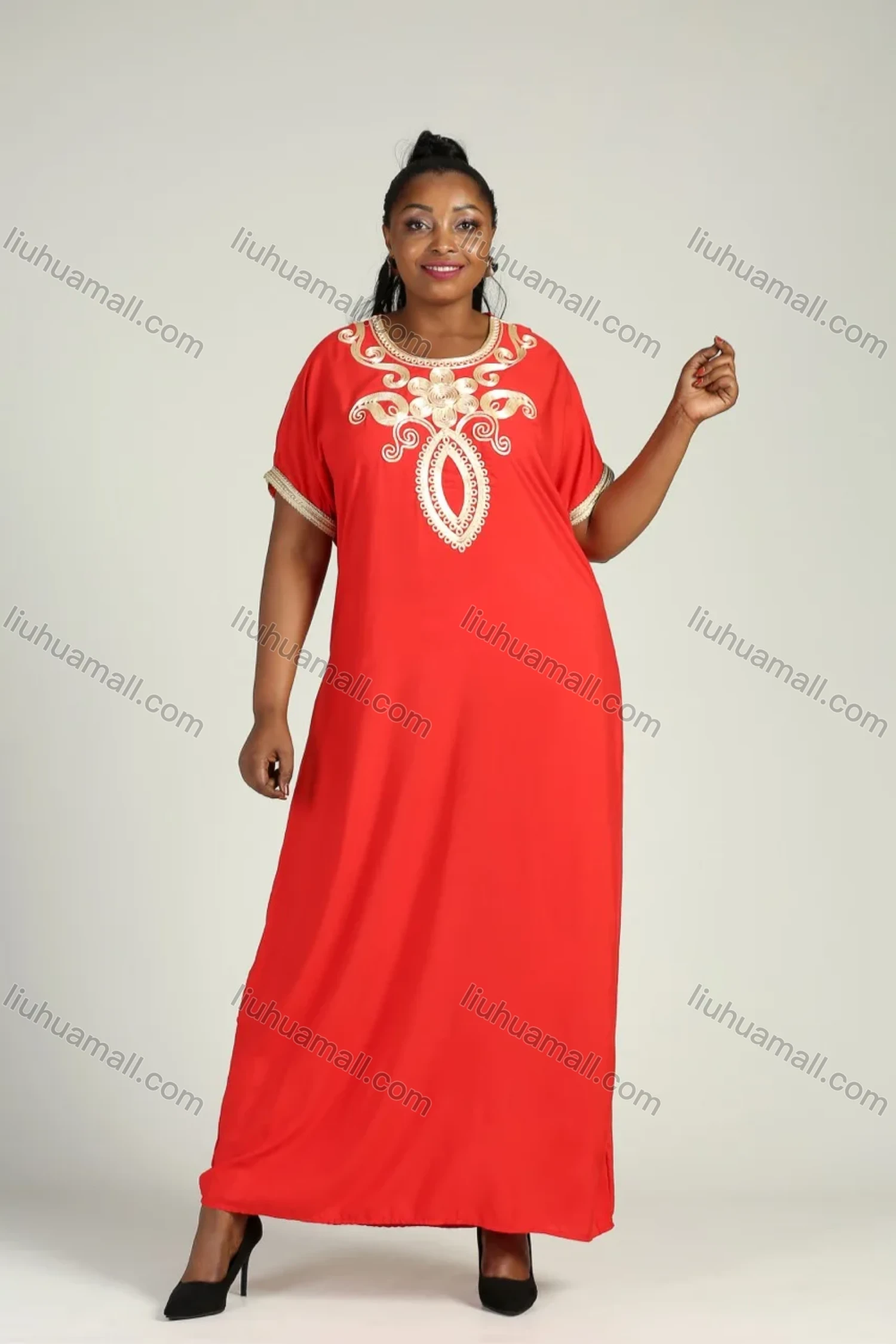 Wholesale Women's Plus Size Golden Embroidery Round Neck Short Sleeve African Maxi Dress - Liuhuamall