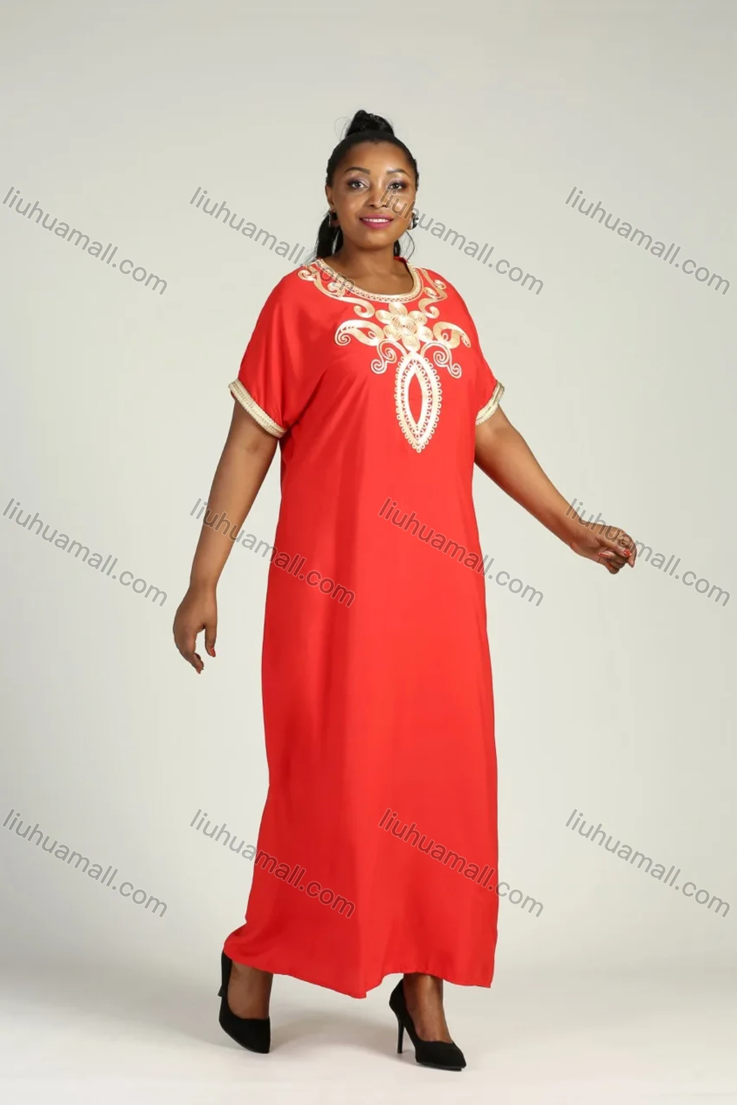 Wholesale Women's Plus Size Golden Embroidery Round Neck Short Sleeve African Maxi Dress - Liuhuamall