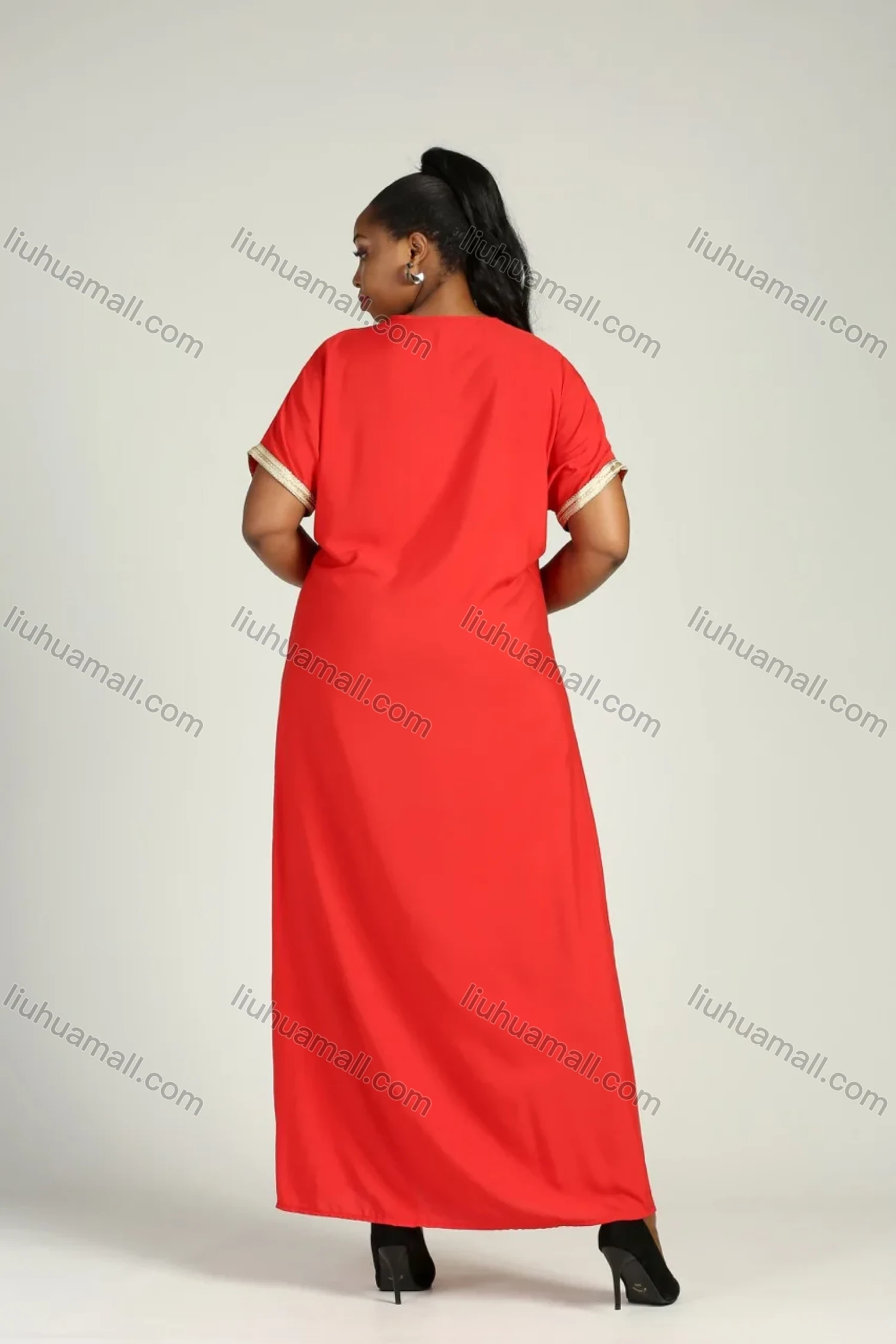 Wholesale Women's Plus Size Golden Embroidery Round Neck Short Sleeve African Maxi Dress - Liuhuamall