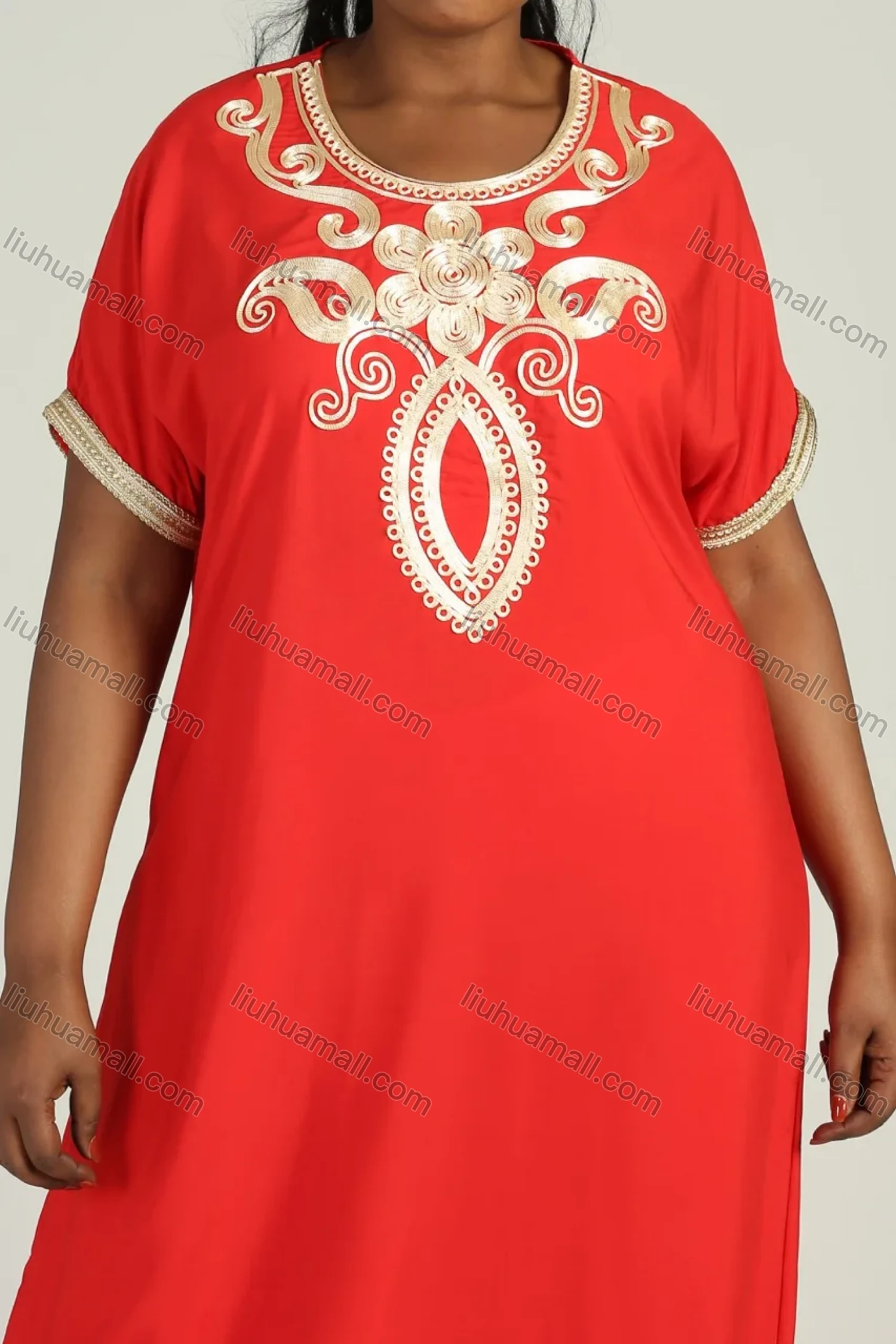 Wholesale Women's Plus Size Golden Embroidery Round Neck Short Sleeve African Maxi Dress - Liuhuamall