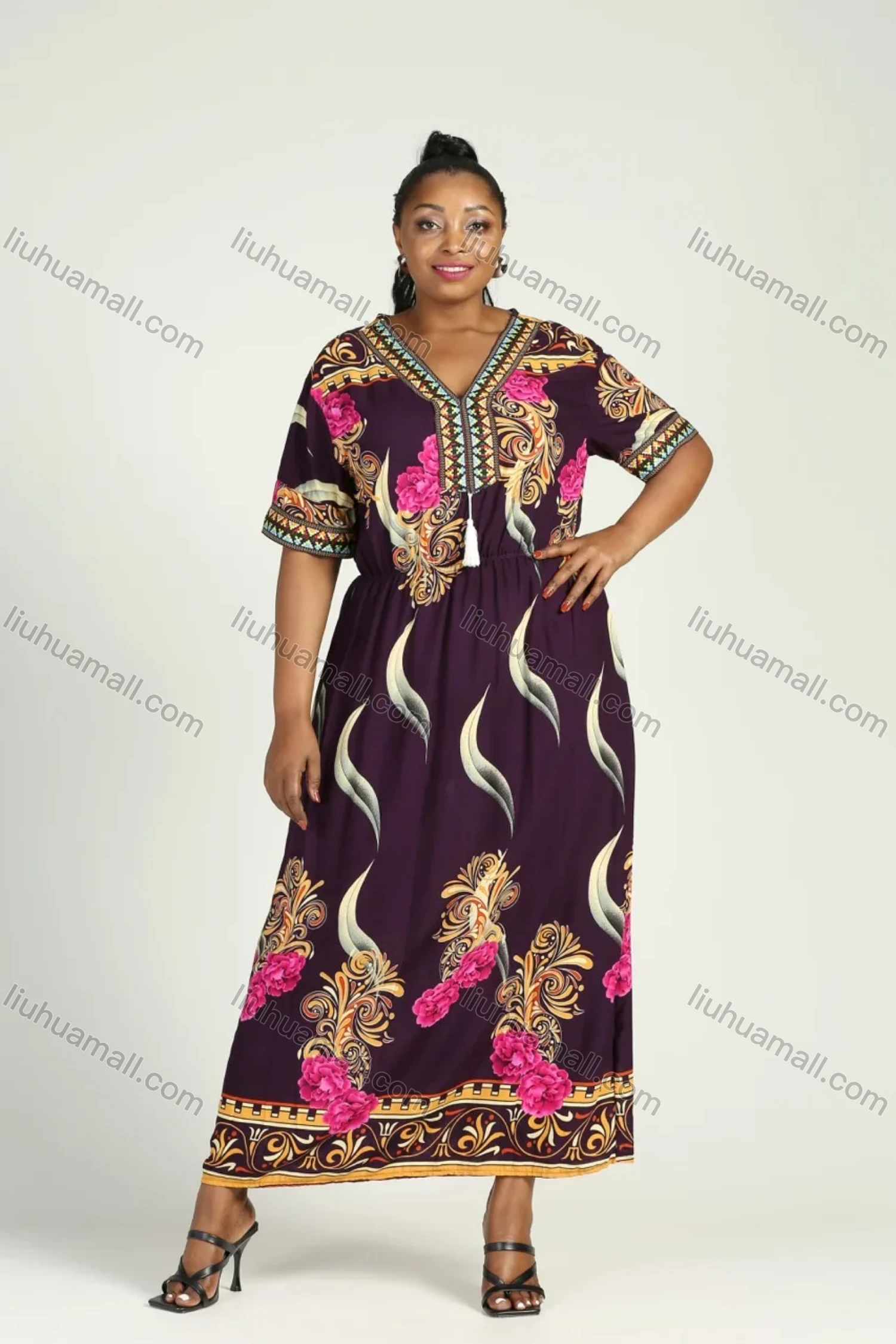 Wholesale Women's Plus Size Floral Embroidery V Neck Short Sleeve Maxi Dress - Liuhuamall