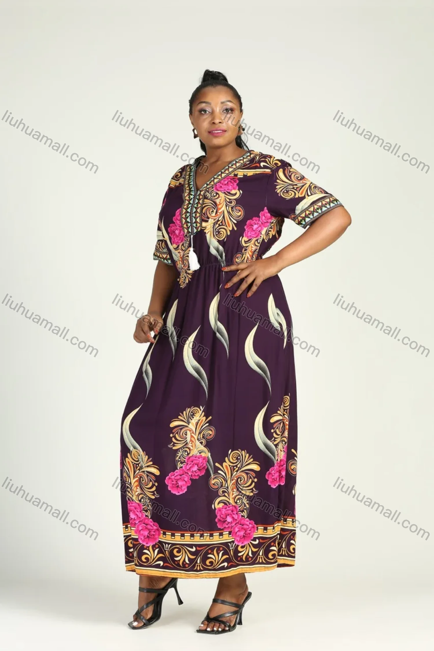 Wholesale Women's Plus Size Floral Embroidery V Neck Short Sleeve Maxi Dress - Liuhuamall