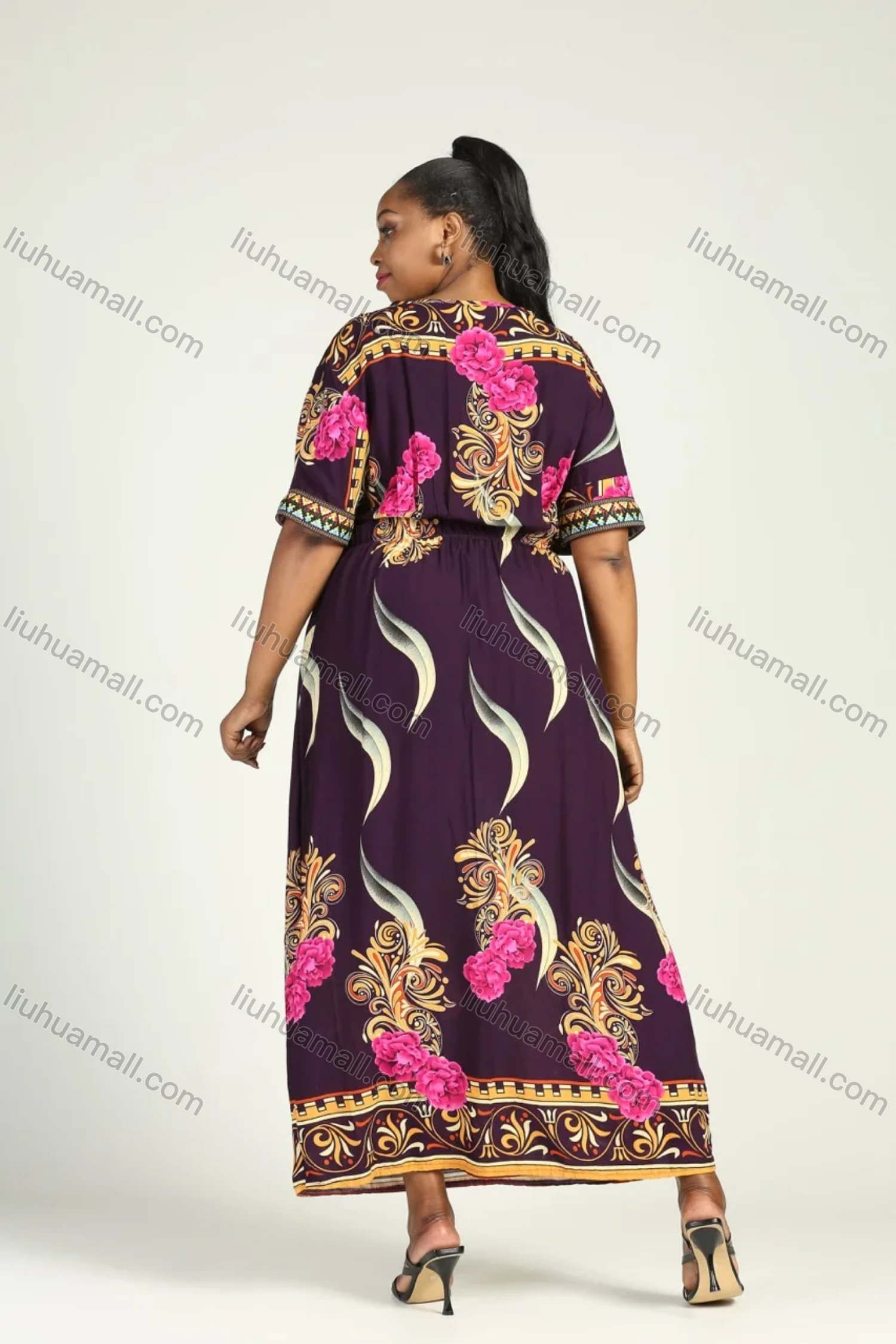 Wholesale Women's Plus Size Floral Embroidery V Neck Short Sleeve Maxi Dress - Liuhuamall