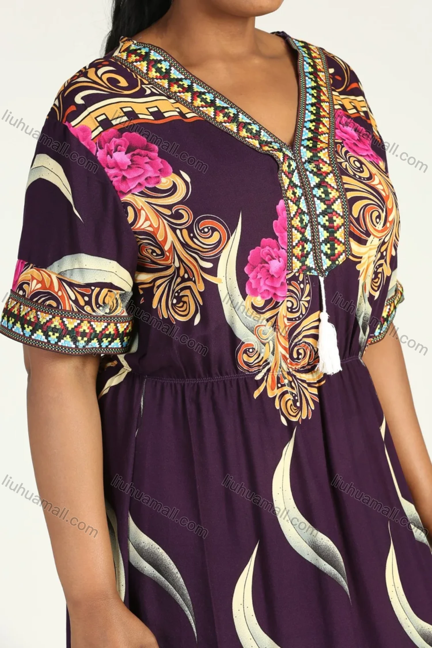 Wholesale Women's Plus Size Floral Embroidery V Neck Short Sleeve Maxi Dress - Liuhuamall