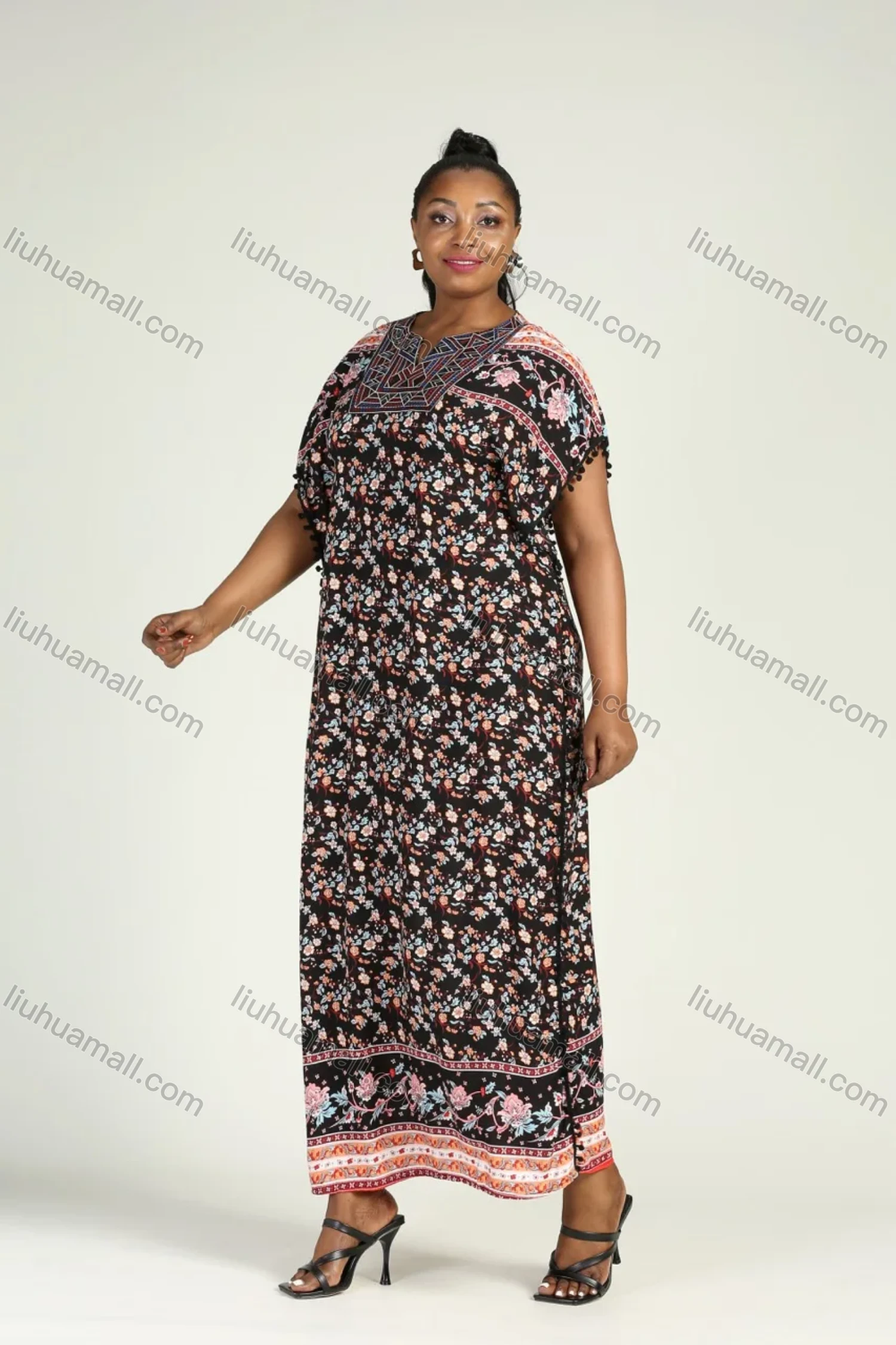 Wholesale Women's Allover Floral Print Embroidery Notched Neck Wrap African Maxi Dress - Liuhuamall